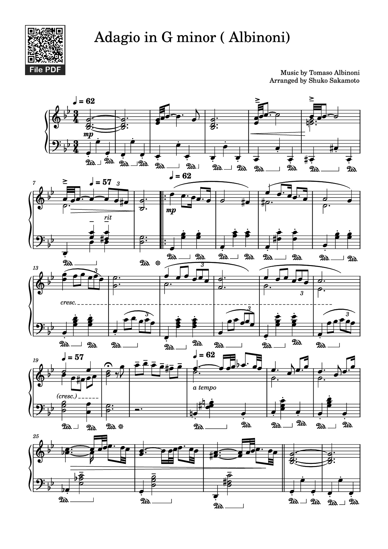 Page 1 of the piano sheet music PDF Piano – Adagio in G minor ( Albinoni) Piano by Music by Tomaso Albinoni