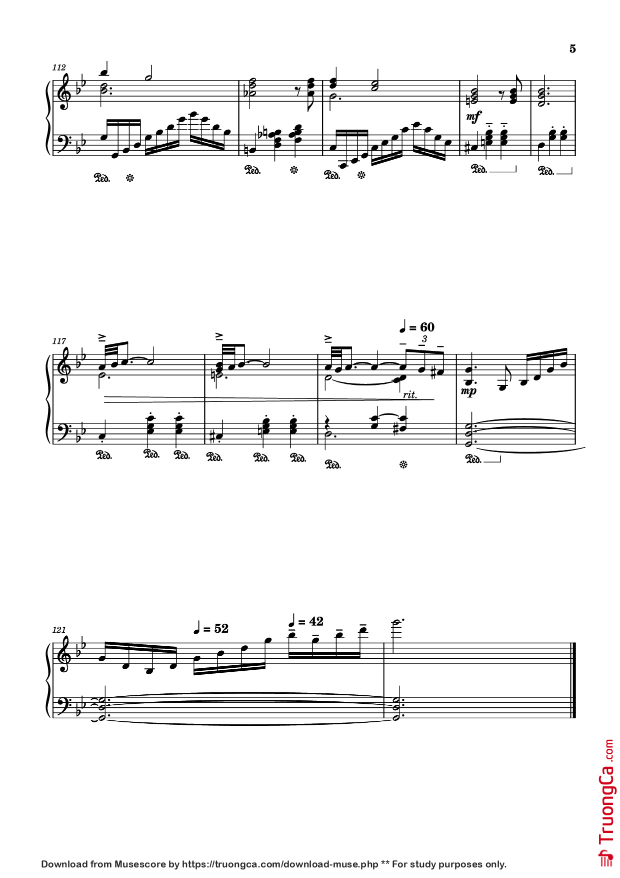 Page 5 of the piano sheet music PDF Piano – Adagio in G minor ( Albinoni) Piano by Music by Tomaso Albinoni