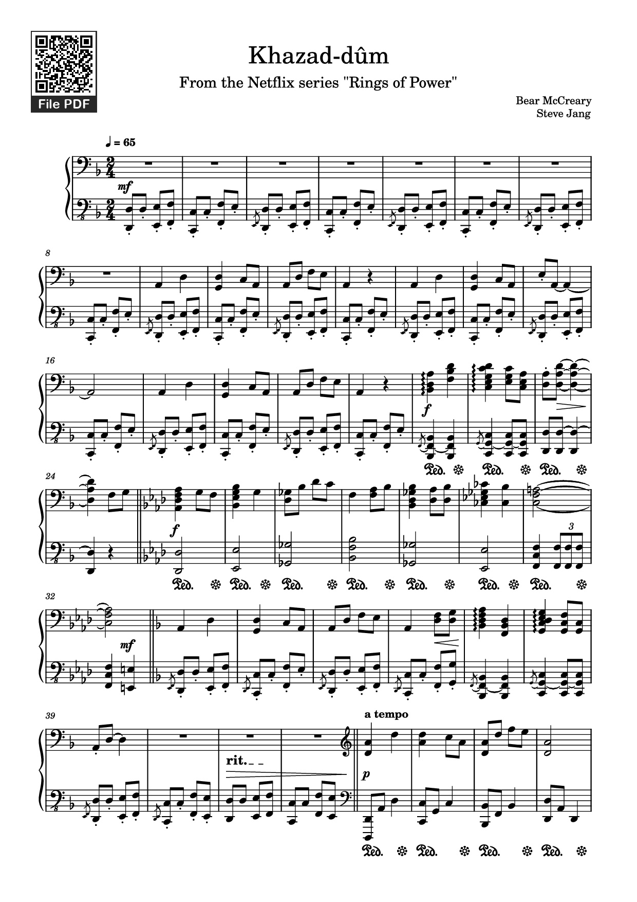 Page 1 of the piano sheet music PDF Piano – Khazad-dûm Piano by Bear McCreary