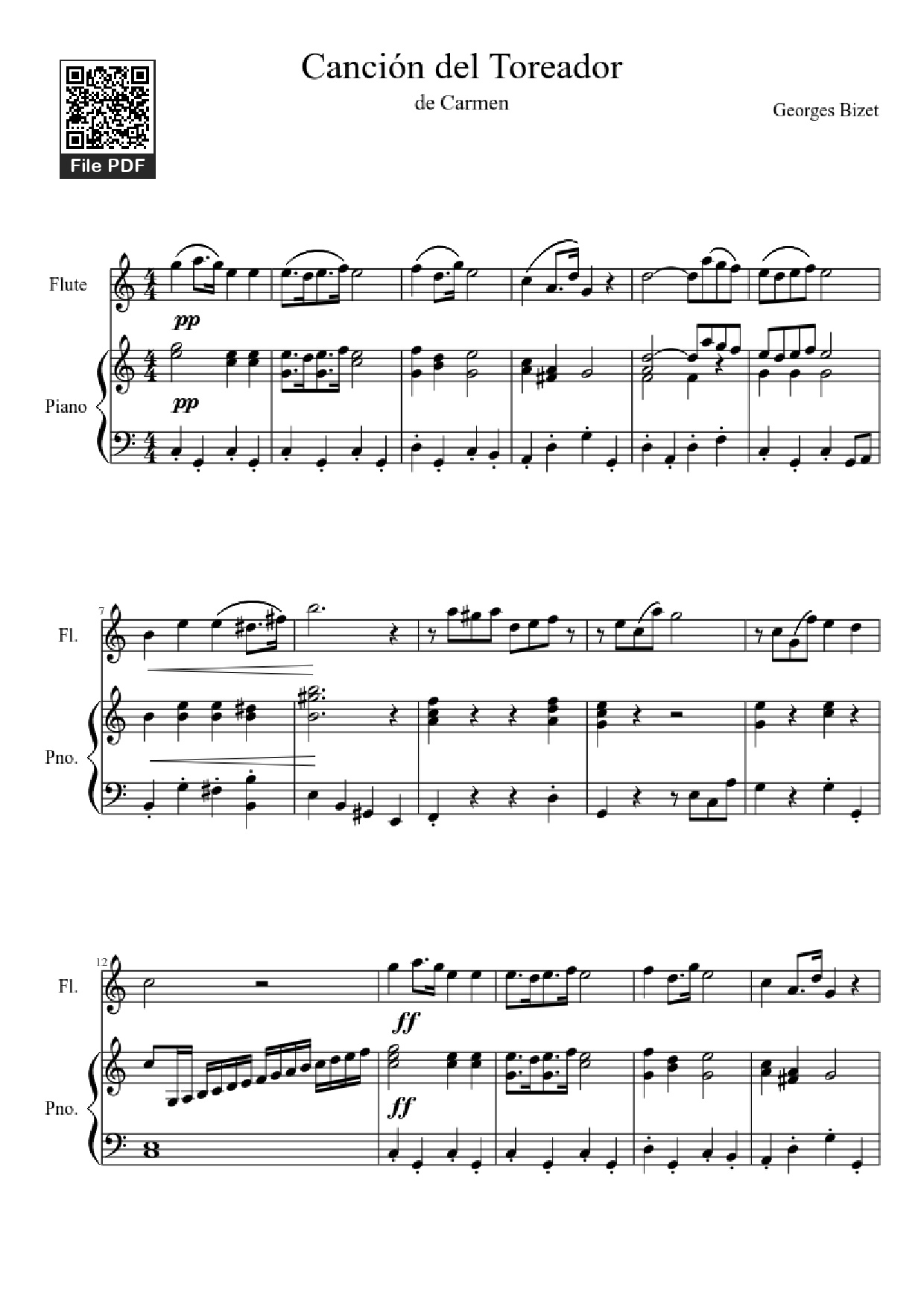 Page 1 of the piano sheet music PDF Piano – Canción del Toreador Piano by Georges Bizet