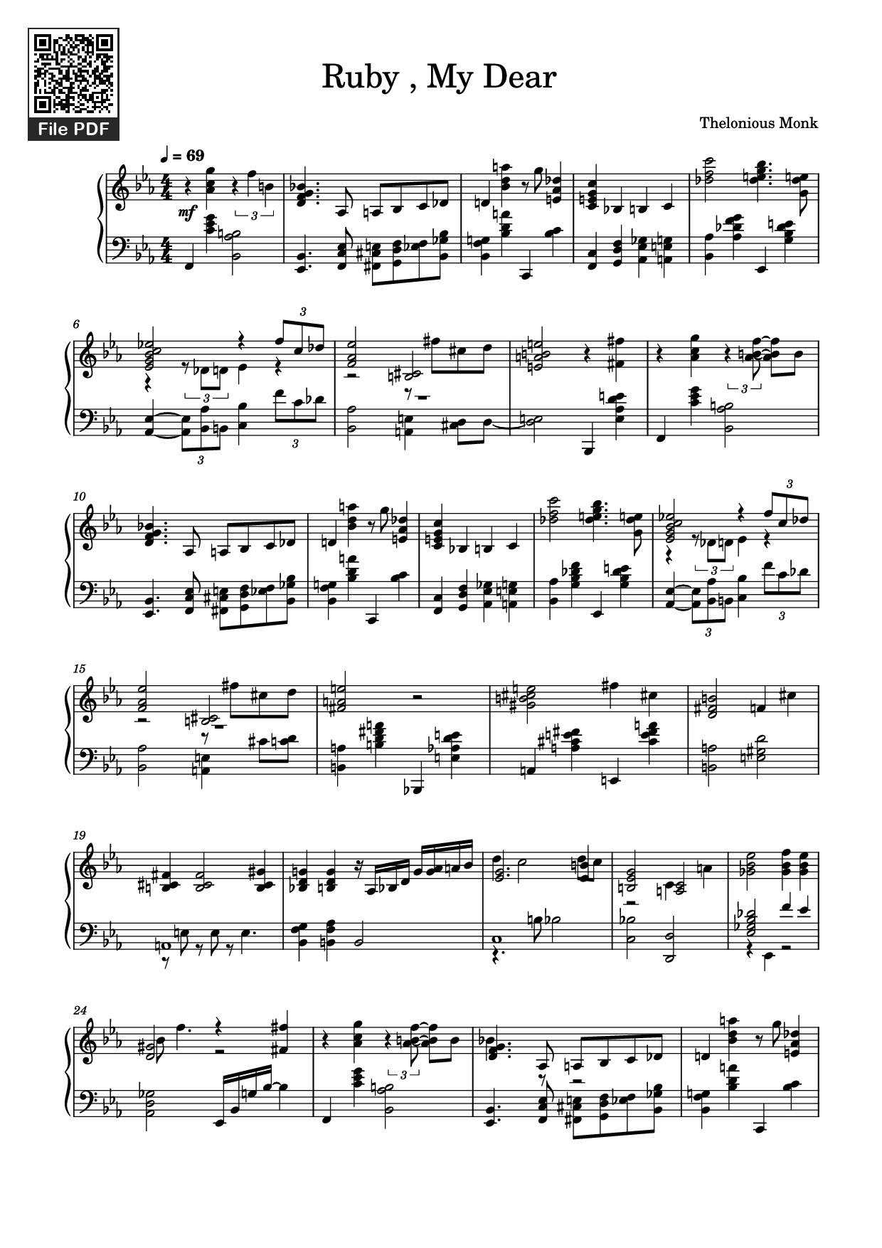 Page 1 of the piano sheet music PDF Piano – Ruby , My Dear Piano by Thelonious Monk