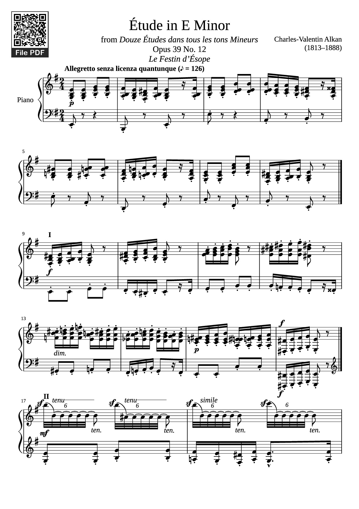 Page 1 of the piano sheet music PDF Piano – Étude in E Minor Piano by Charles-Valentin Alkan