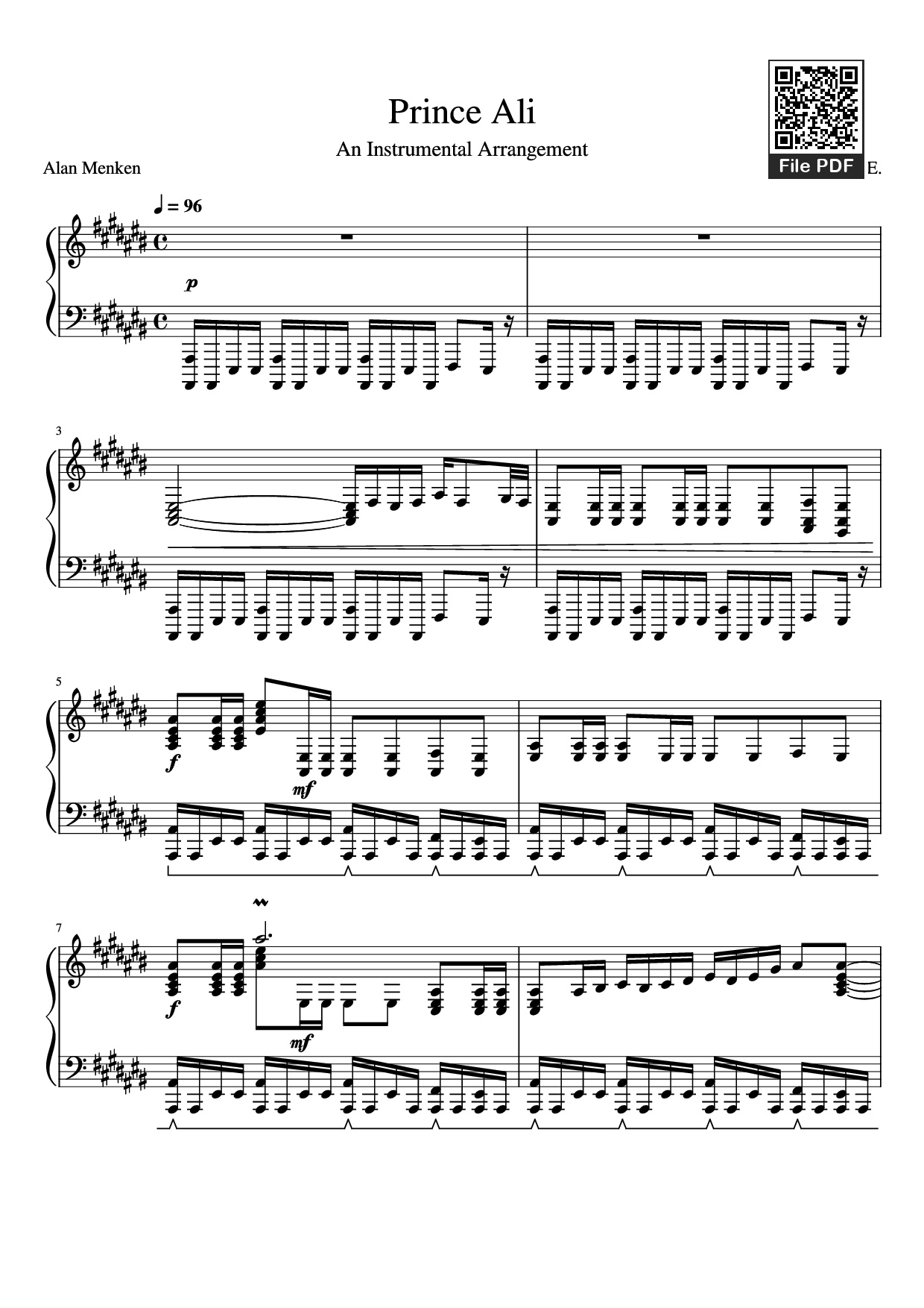 Page 1 of the piano sheet music PDF – Prince Ali Piano by F.I.R.E