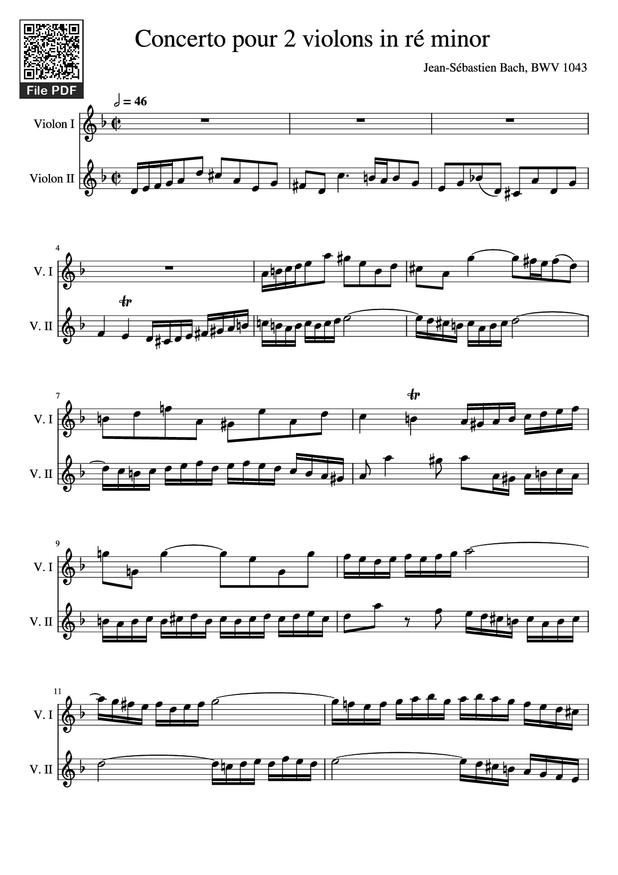 Page 1 of the piano sheet music PDF – Concerto pour 2 violons in ré minor Violin by Jean-Sébastien Bach, BWV 1043