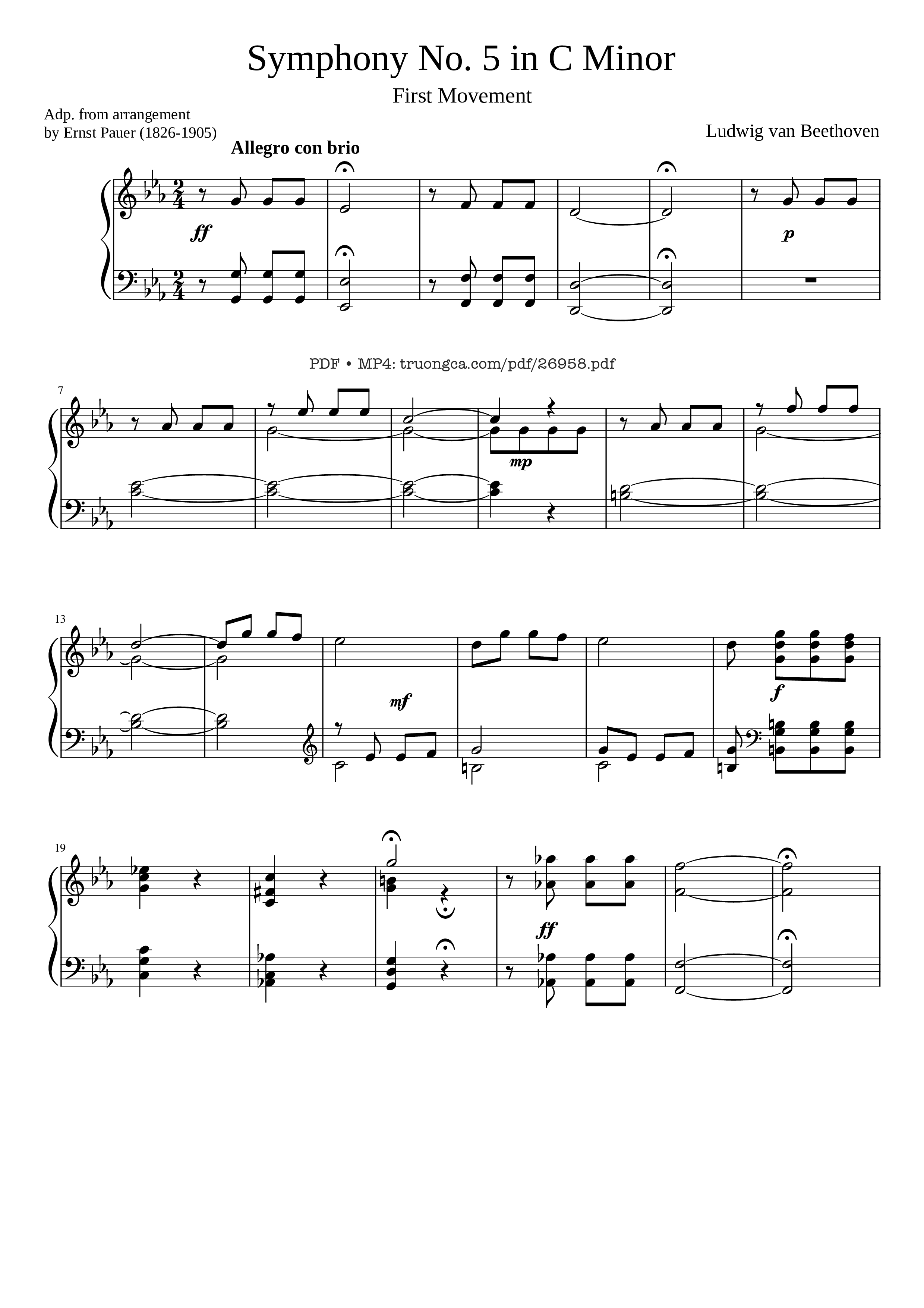 Page 1 of the piano sheet music PDF Piano – Beethoven Symphony No. 5 Piano solo by Ludwig van Beethoven