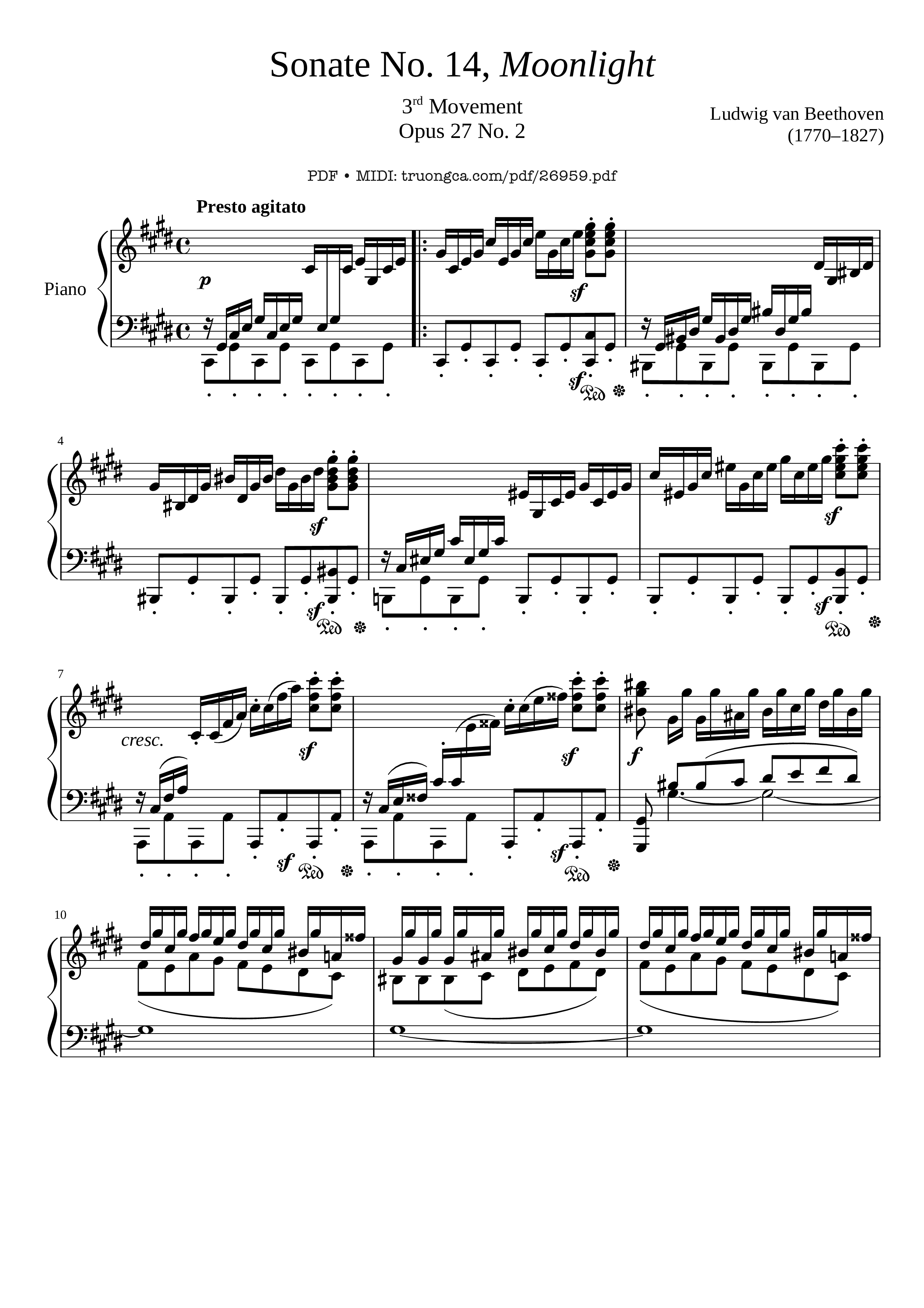 Page 1 of the piano sheet music PDF – Sonate No. 14, Moonlight, 3rd Movement by Ludwig van Beethoven