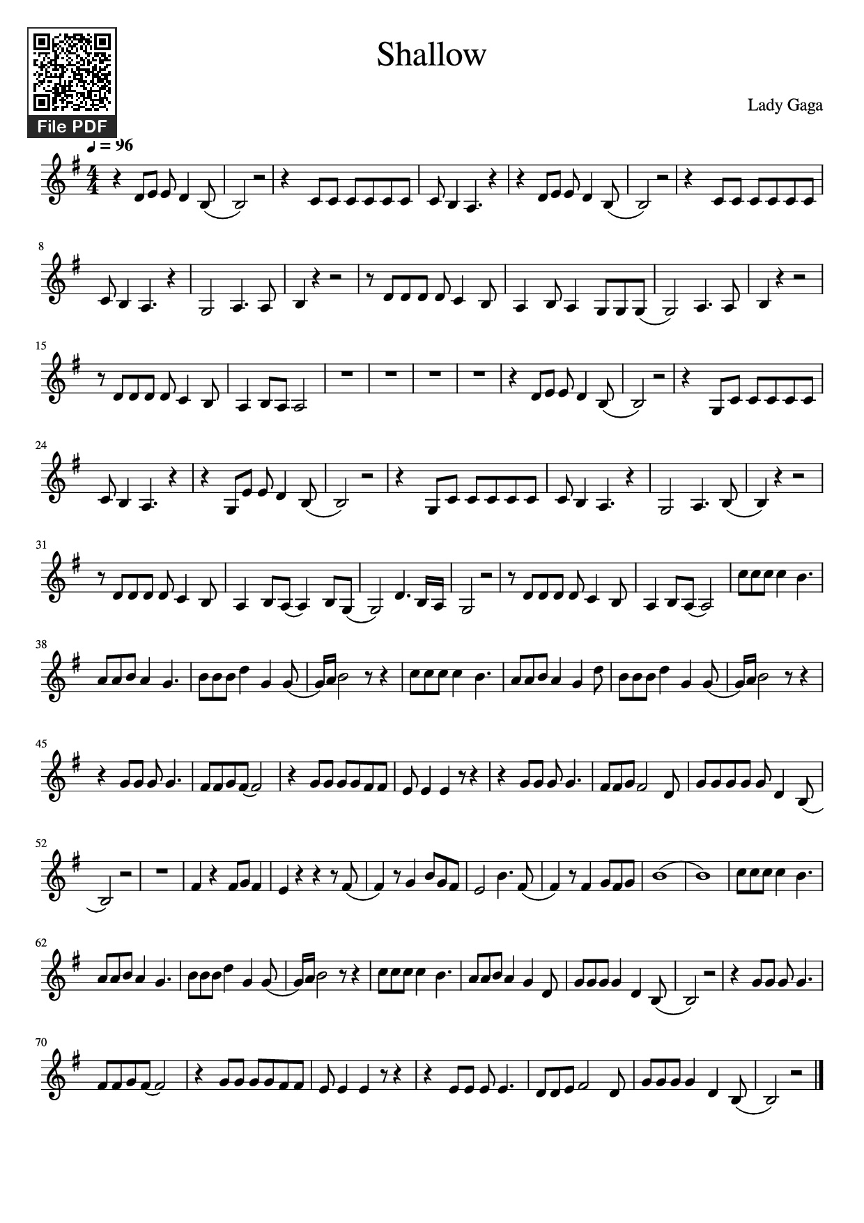Page 1 of the piano sheet music PDF – Shallow Violin by Lady Gaga