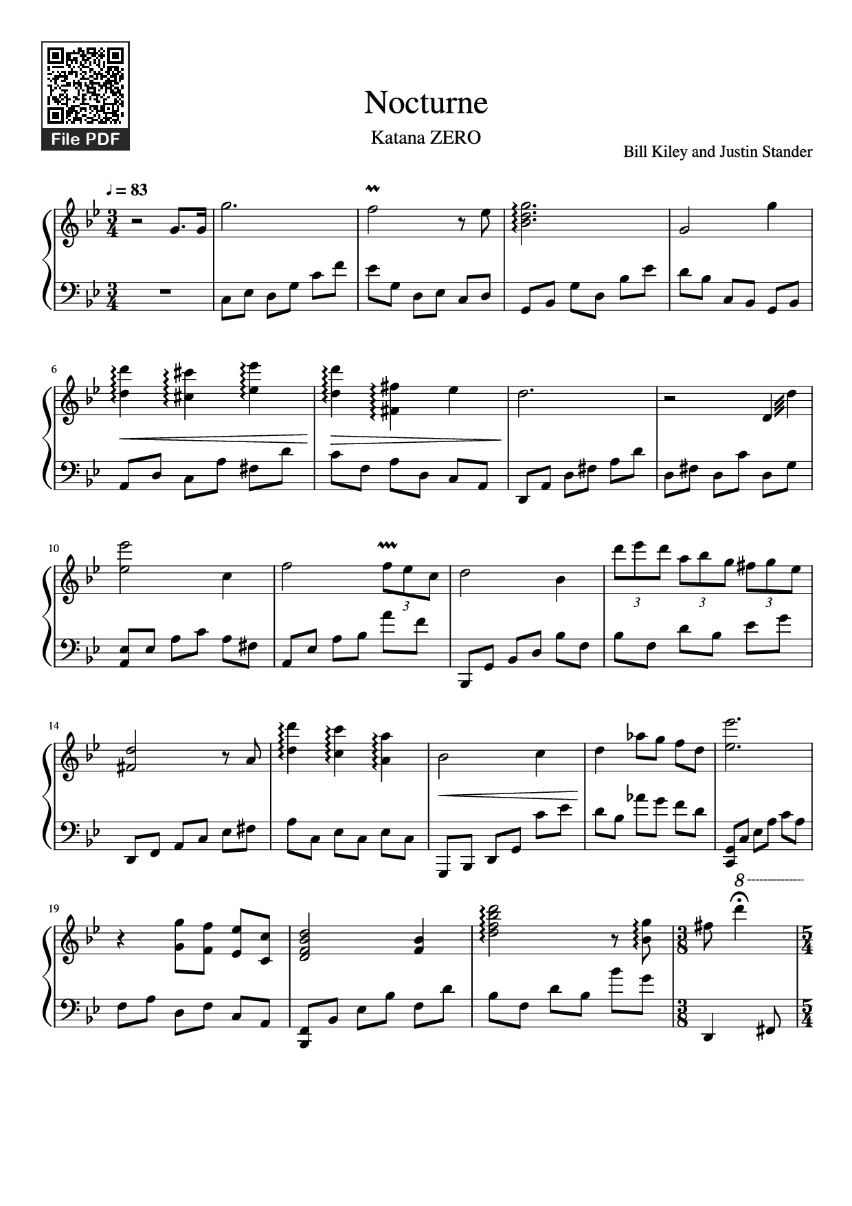 Page 1 of the piano sheet music PDF Piano – Nocturne Piano by Bill Kiley and Justin Stander