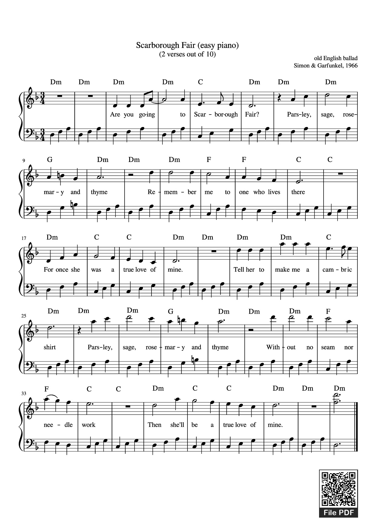 Page 1 of the piano sheet music PDF Piano – Scarborough Fair (easy piano) (2 verses out of 10) by Old English ballad Simon & Garfunkel, 1966