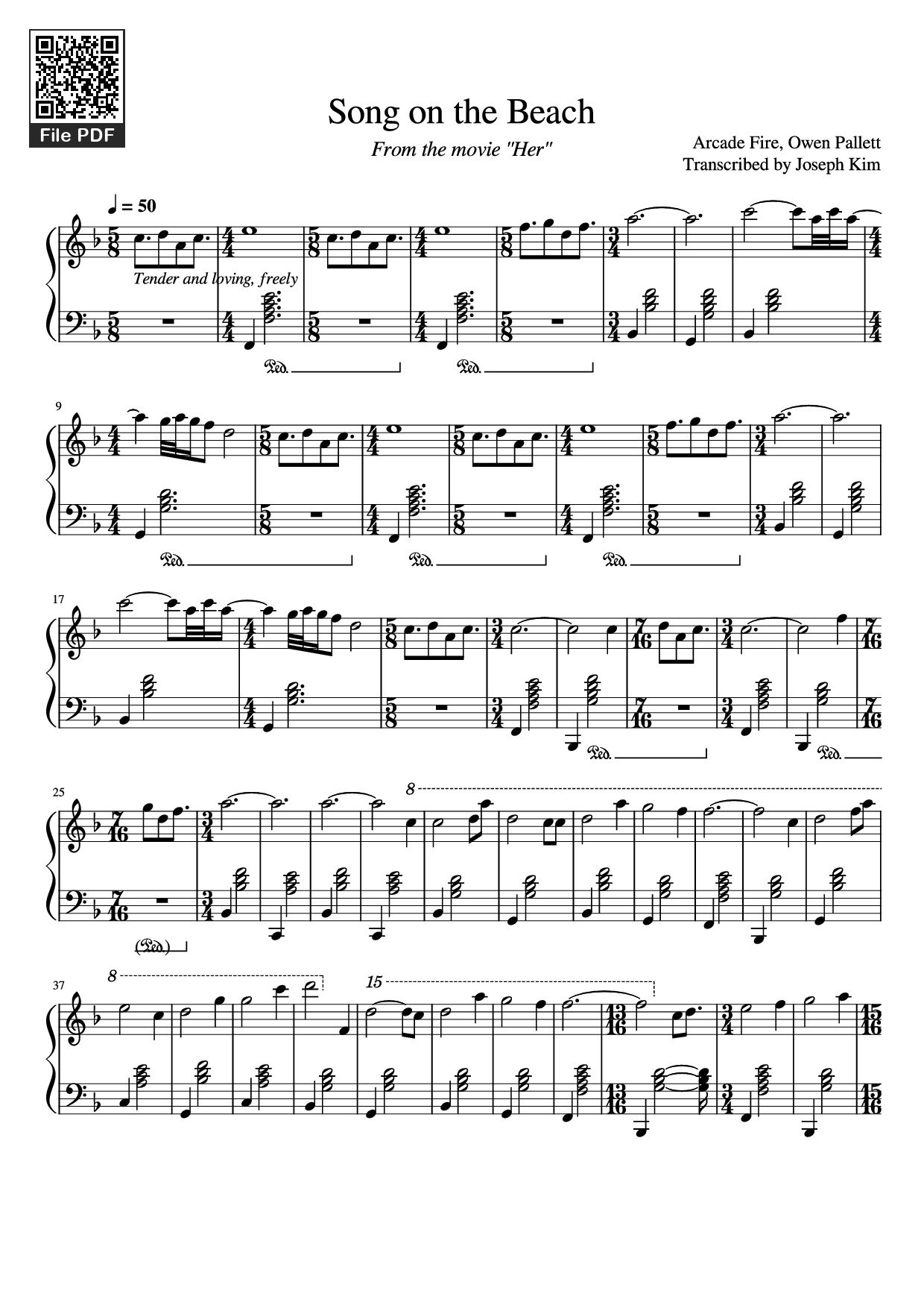 Page 1 of the piano sheet music PDF Piano – Song on the Beach Piano by Arcade Fire, Owen Pallett