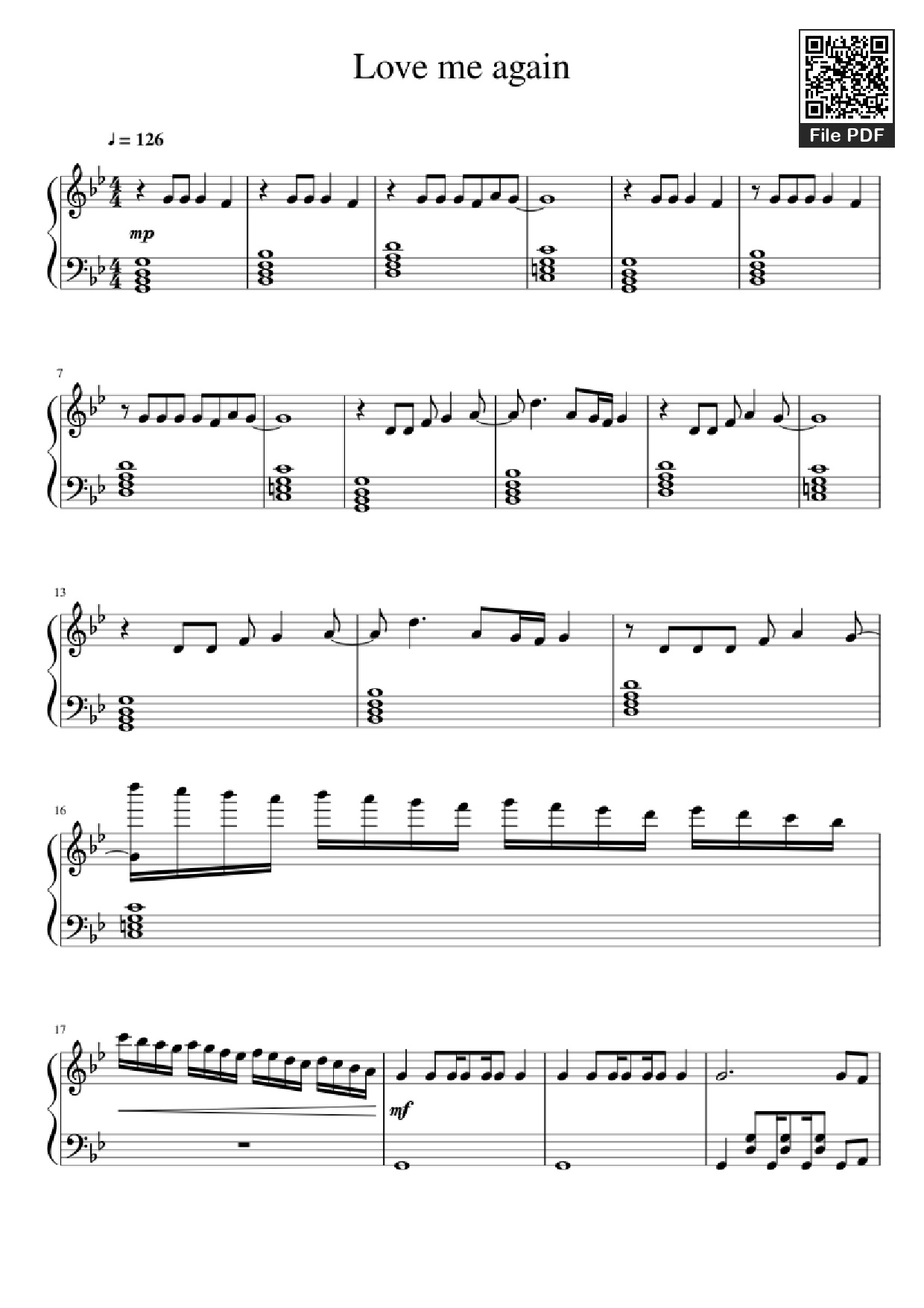 Page 1 of the piano sheet music PDF Piano – Love me again Piano by Undefined