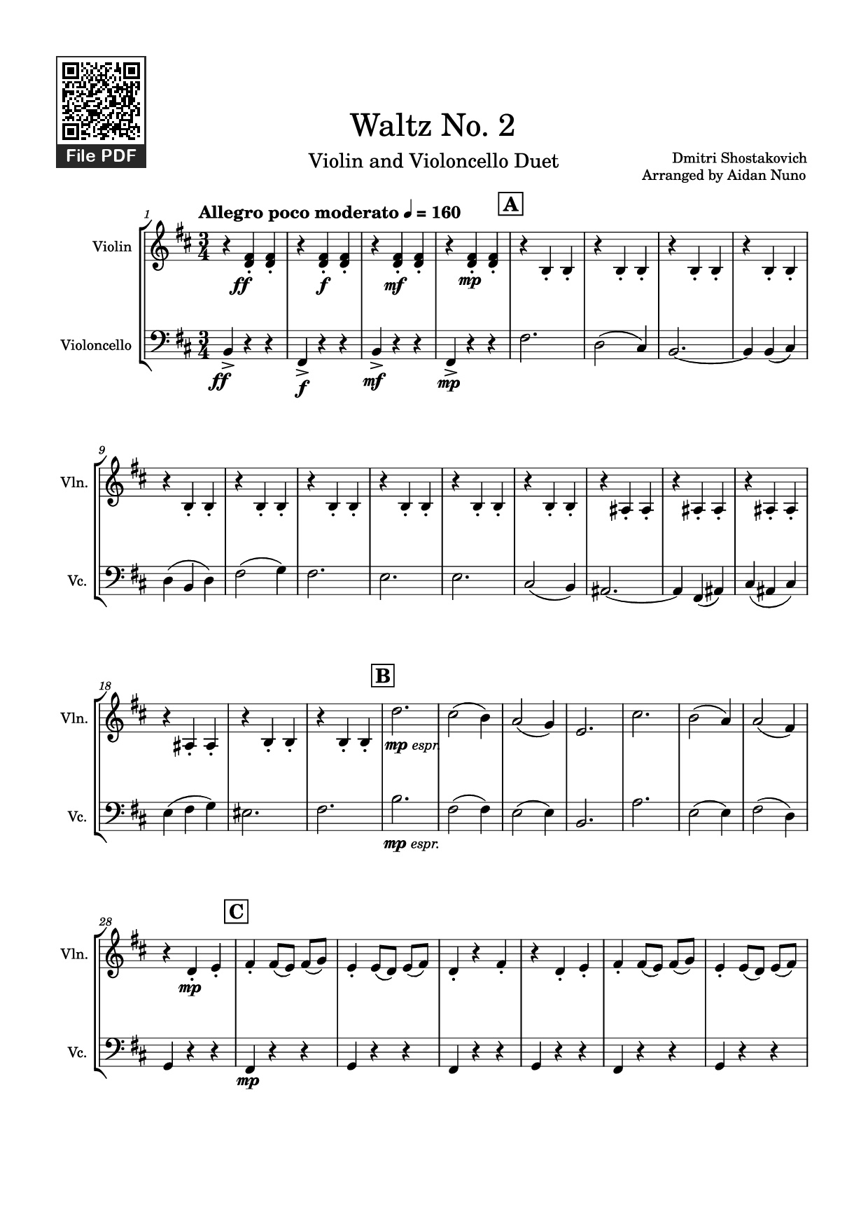 Page 1 of the piano sheet music PDF – Waltz No. 2 Violin by Dmitri Shostakovich