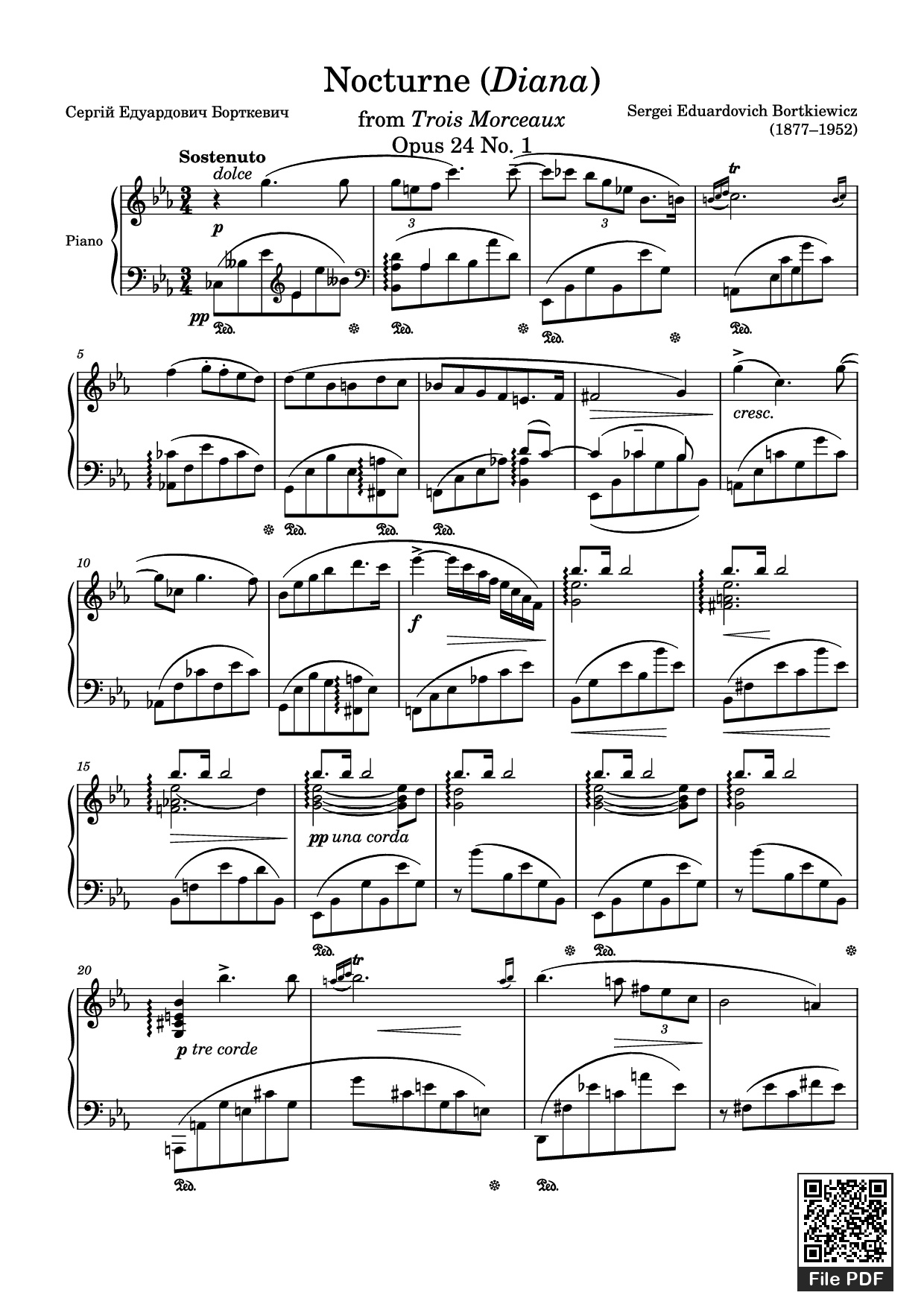 Page 1 of the piano sheet music PDF Piano – Nocturne (Diana) Opus 24 No. 1 by Sergei Eduardovich Bortkiewicz