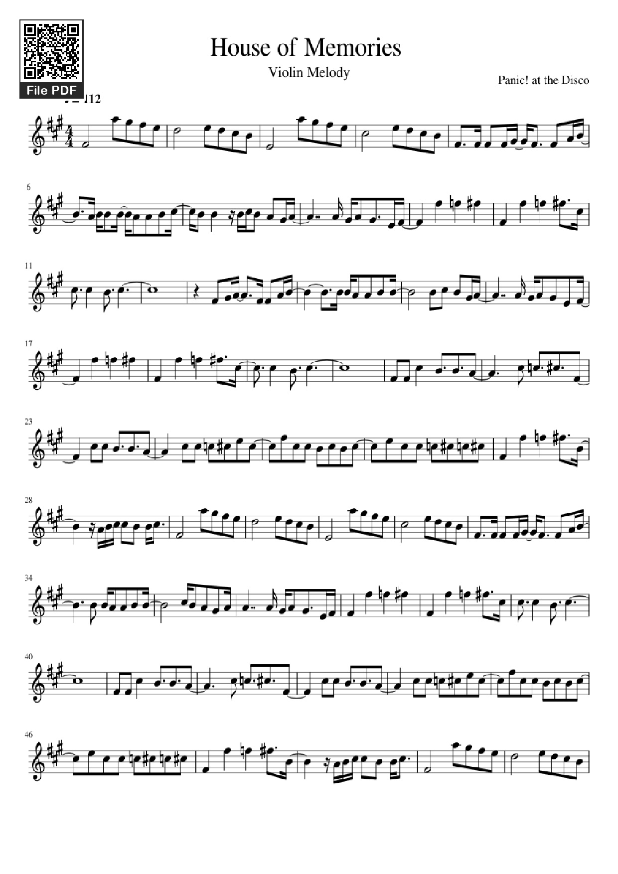 Page 1 of the piano sheet music PDF – House of Memories Violin by Panic! at the Disco