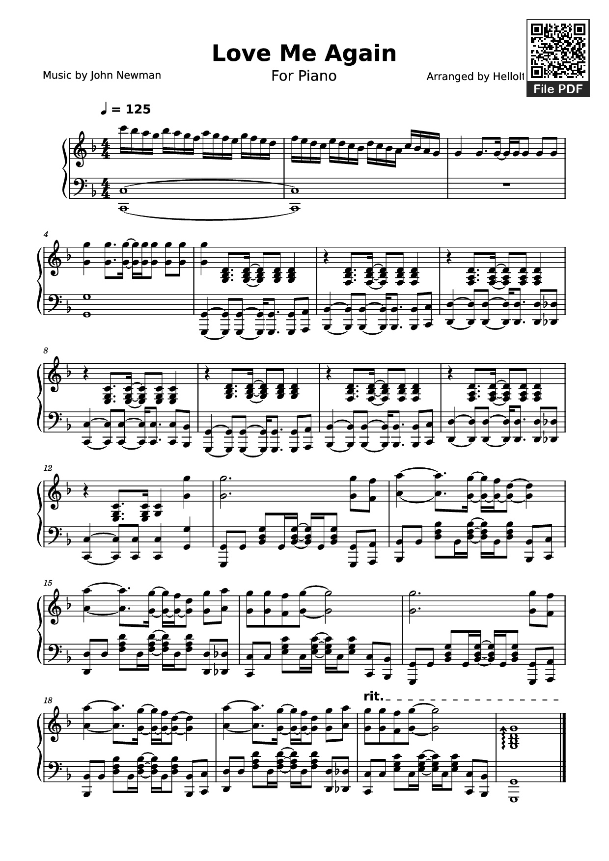 Page 1 of the piano sheet music PDF Piano – Love Me Again Piano by Arranged by HelloItsQuirky
