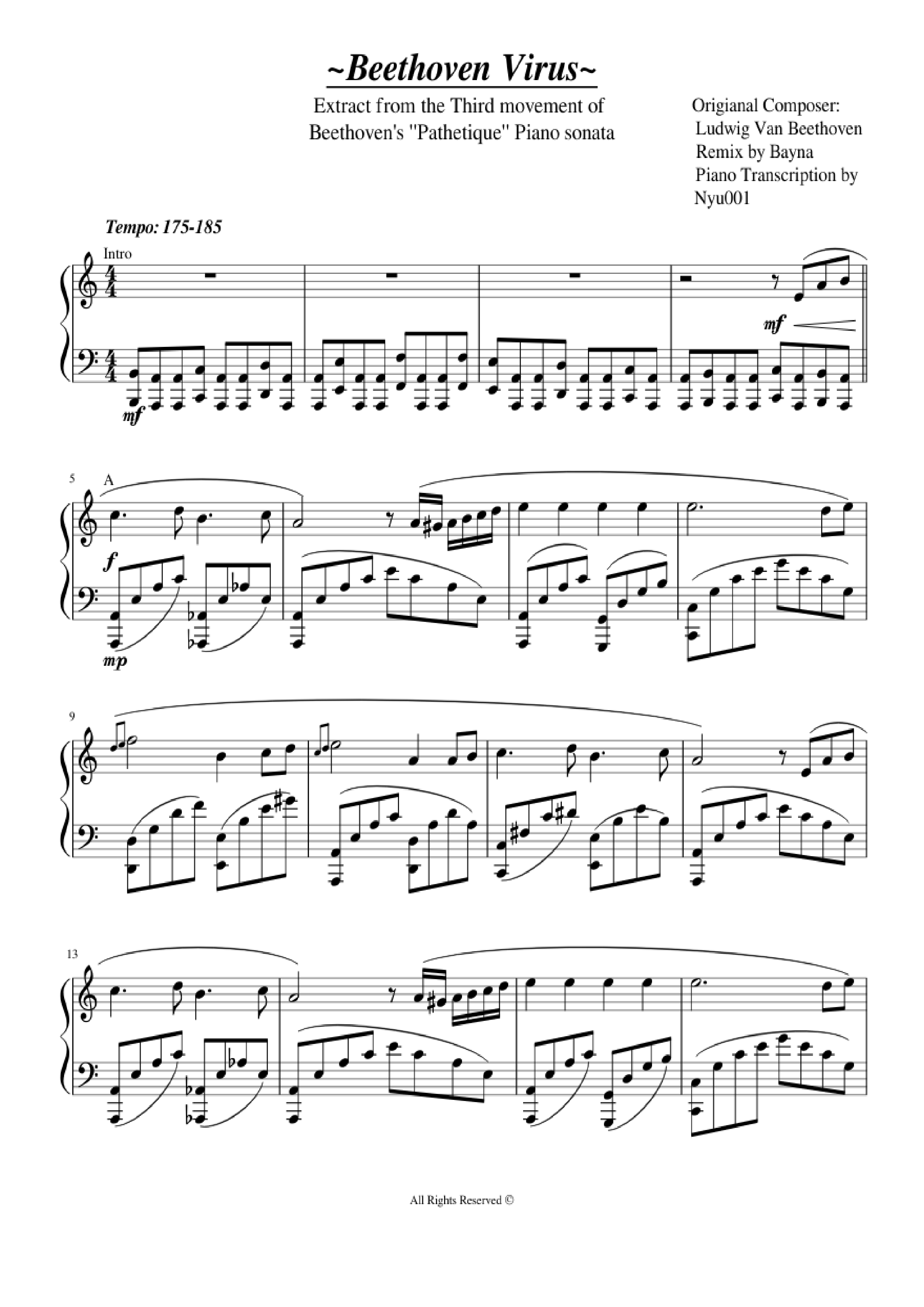 Page 1 of the piano sheet music PDF Piano – Beethoven Virus by BanYa