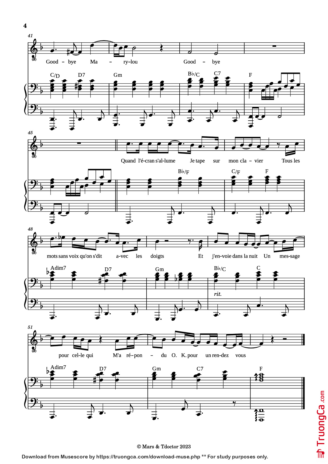 Page 4 of the piano sheet music PDF Piano – Goodbye Marylou Piano by Paroles & Musique de Michel POLNAREFF
