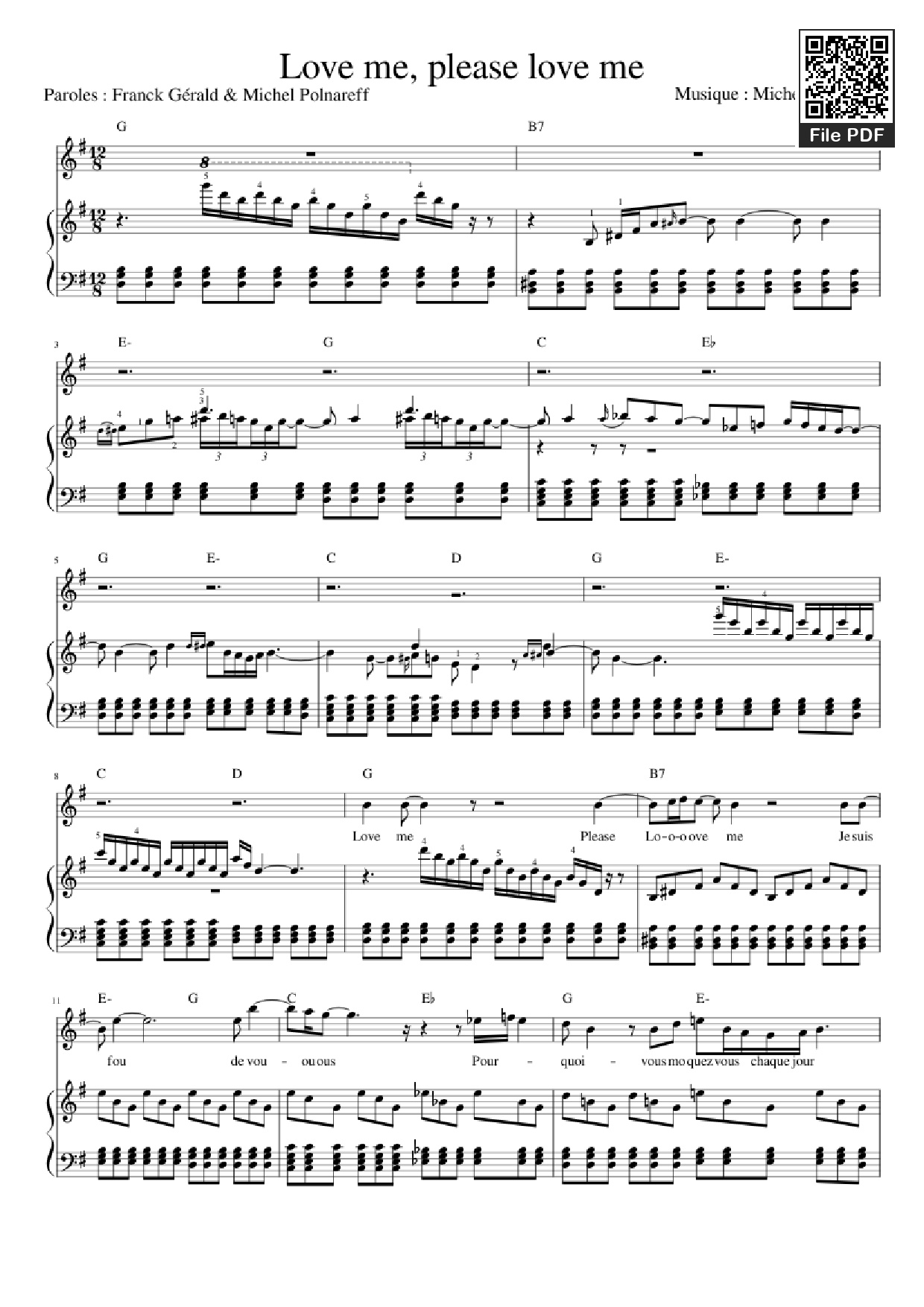 Page 1 of the piano sheet music PDF Piano – Love me, please love me Piano by Musique : Michel Polnareff