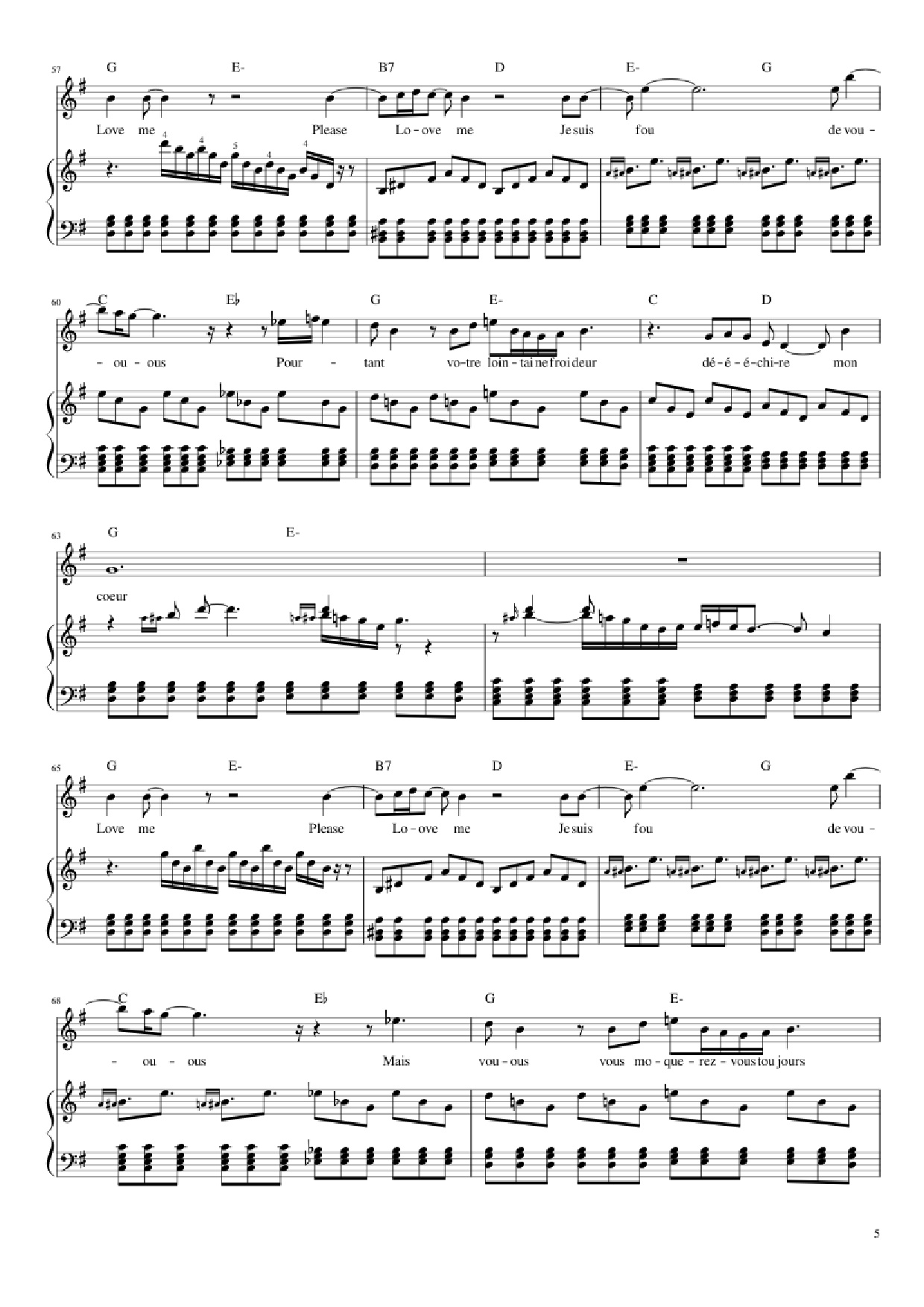Page 5 of the piano sheet music PDF Piano – Love me, please love me Piano by Musique : Michel Polnareff
