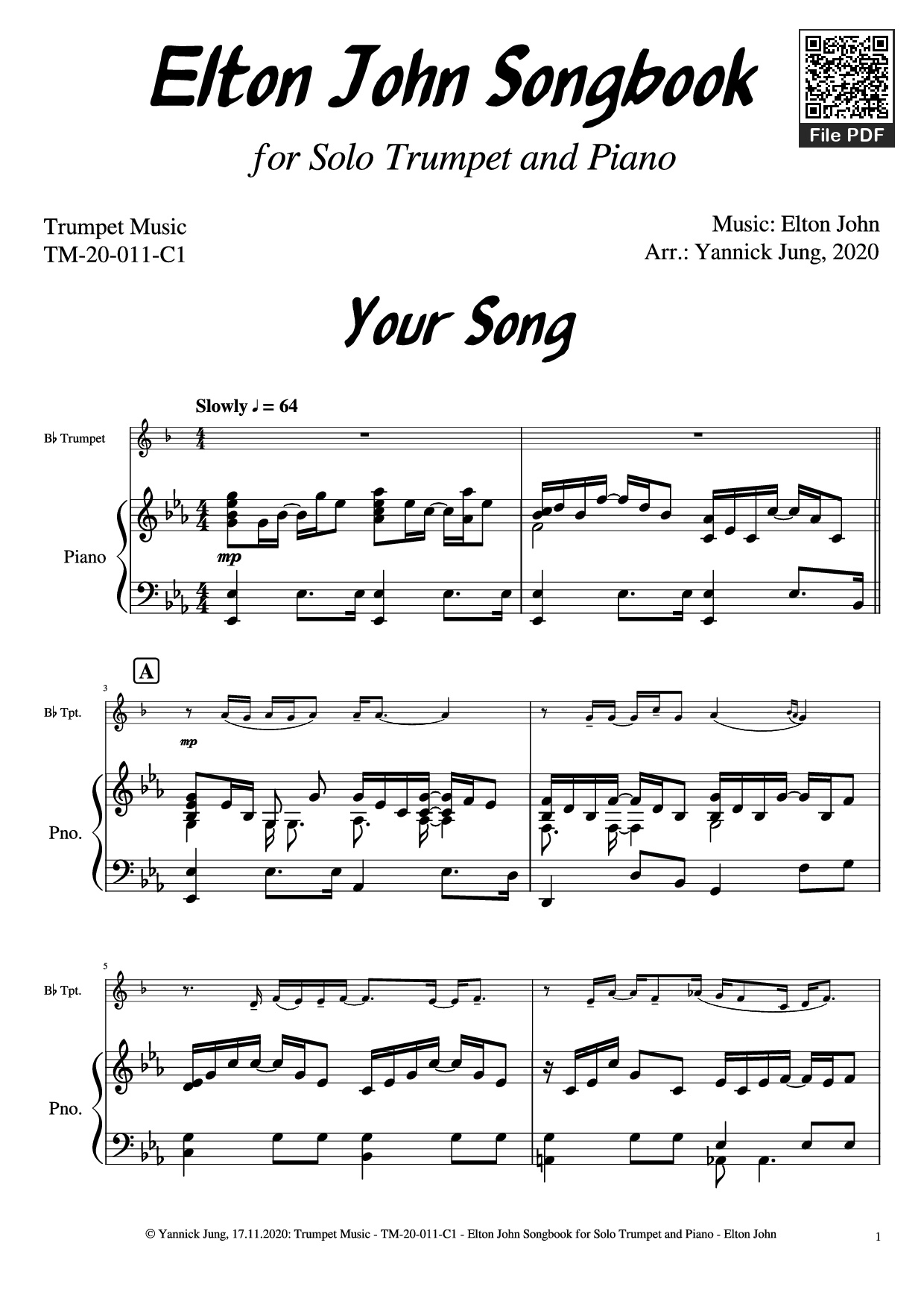 Page 2 of the piano sheet music PDF Piano – Elton John Songbook for Solo Trumpet and Piano by Music: Elton JohnArr.: Yannick Jung, 2020