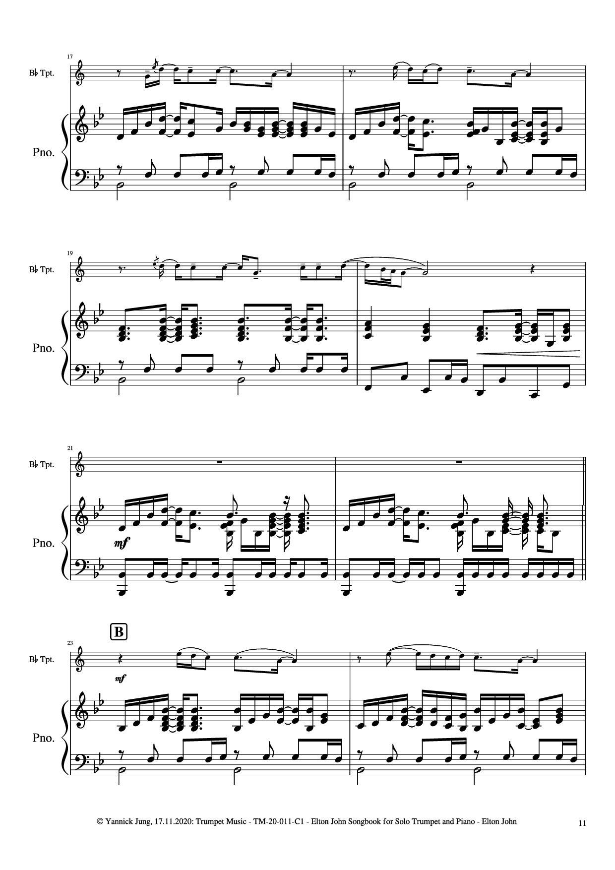 Page 12 of the piano sheet music PDF Piano – Elton John Songbook for Solo Trumpet and Piano by Music: Elton JohnArr.: Yannick Jung, 2020