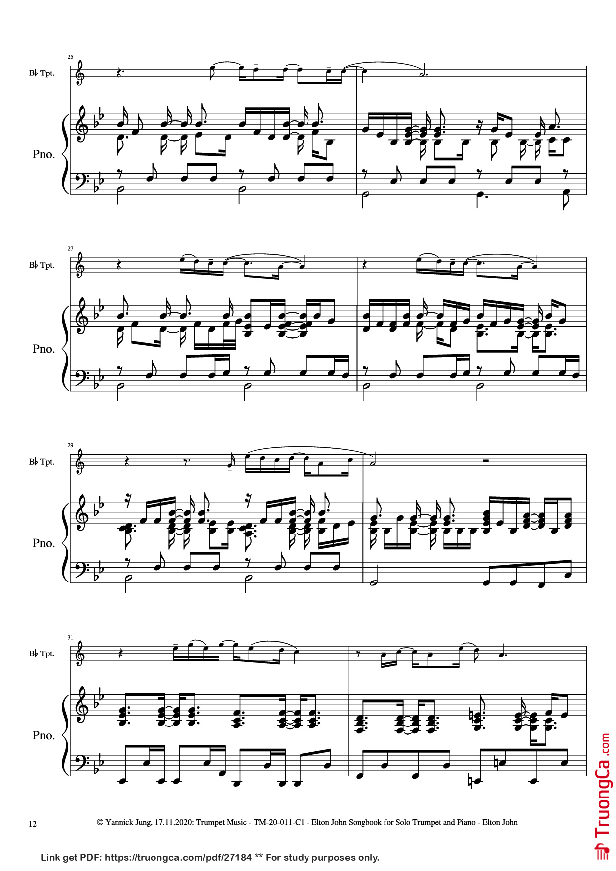 Page 13 of the piano sheet music PDF Piano – Elton John Songbook for Solo Trumpet and Piano by Music: Elton JohnArr.: Yannick Jung, 2020