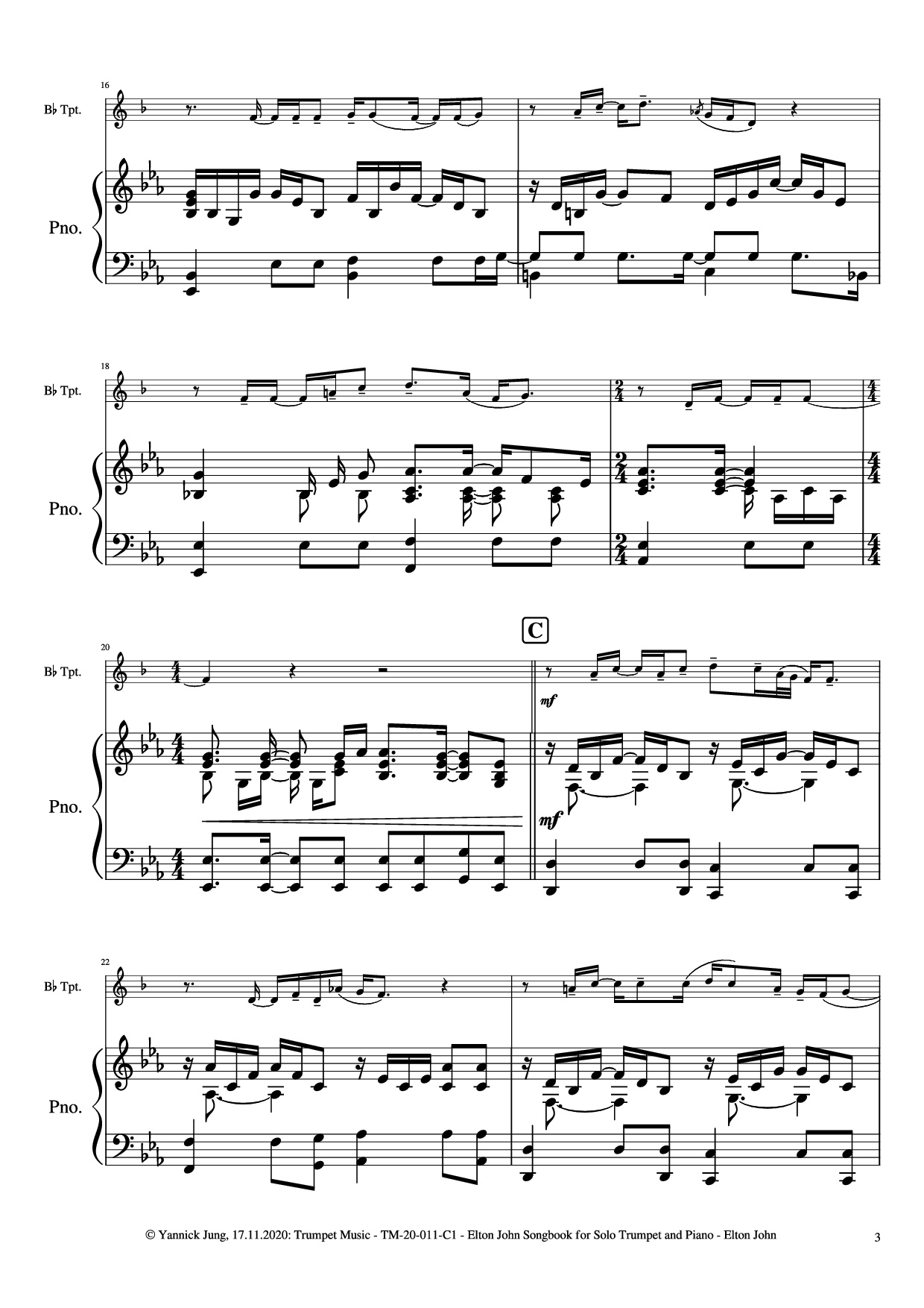 Page 4 of the piano sheet music PDF Piano – Elton John Songbook for Solo Trumpet and Piano by Music: Elton JohnArr.: Yannick Jung, 2020