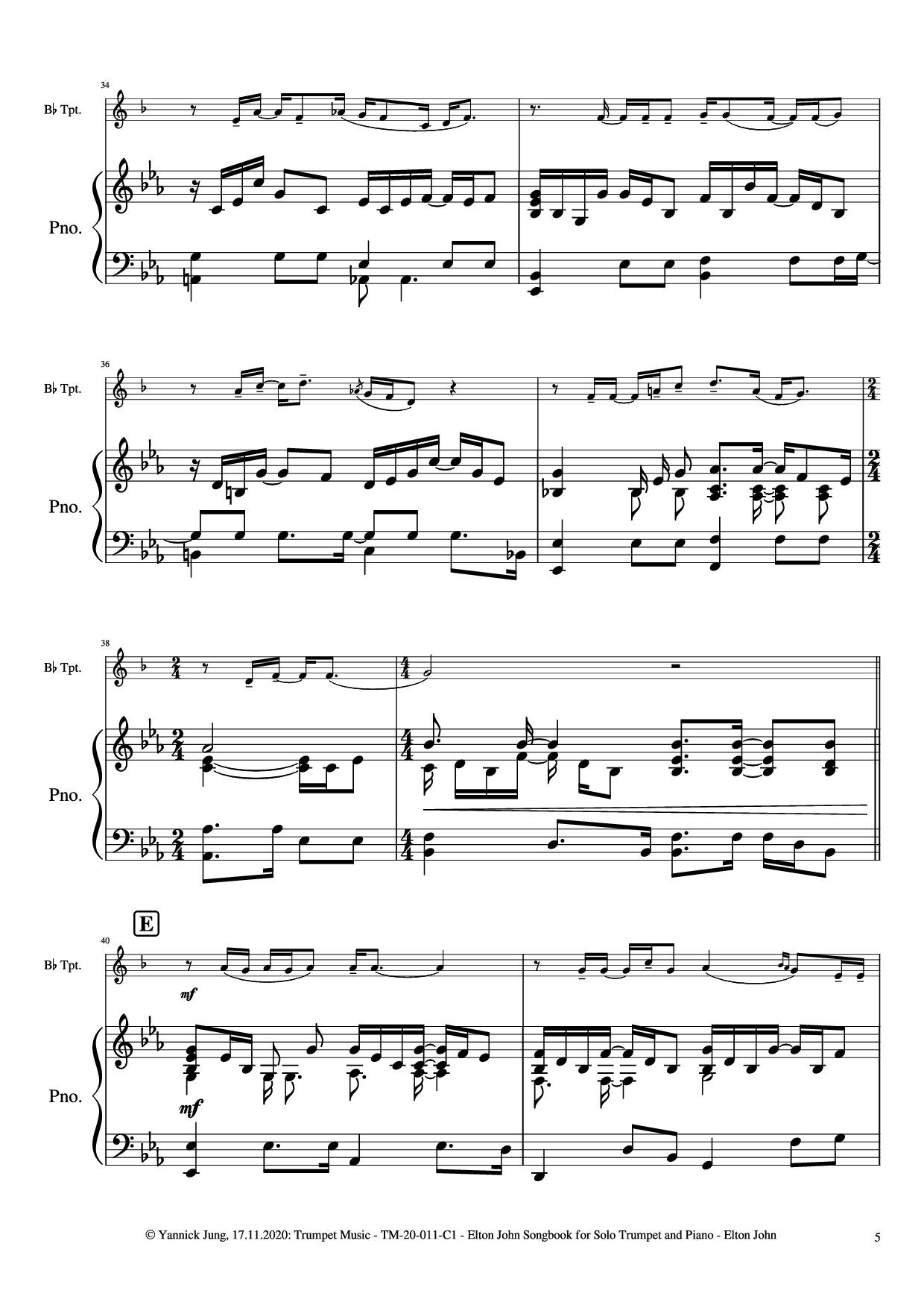Page 6 of the piano sheet music PDF Piano – Elton John Songbook for Solo Trumpet and Piano by Music: Elton JohnArr.: Yannick Jung, 2020