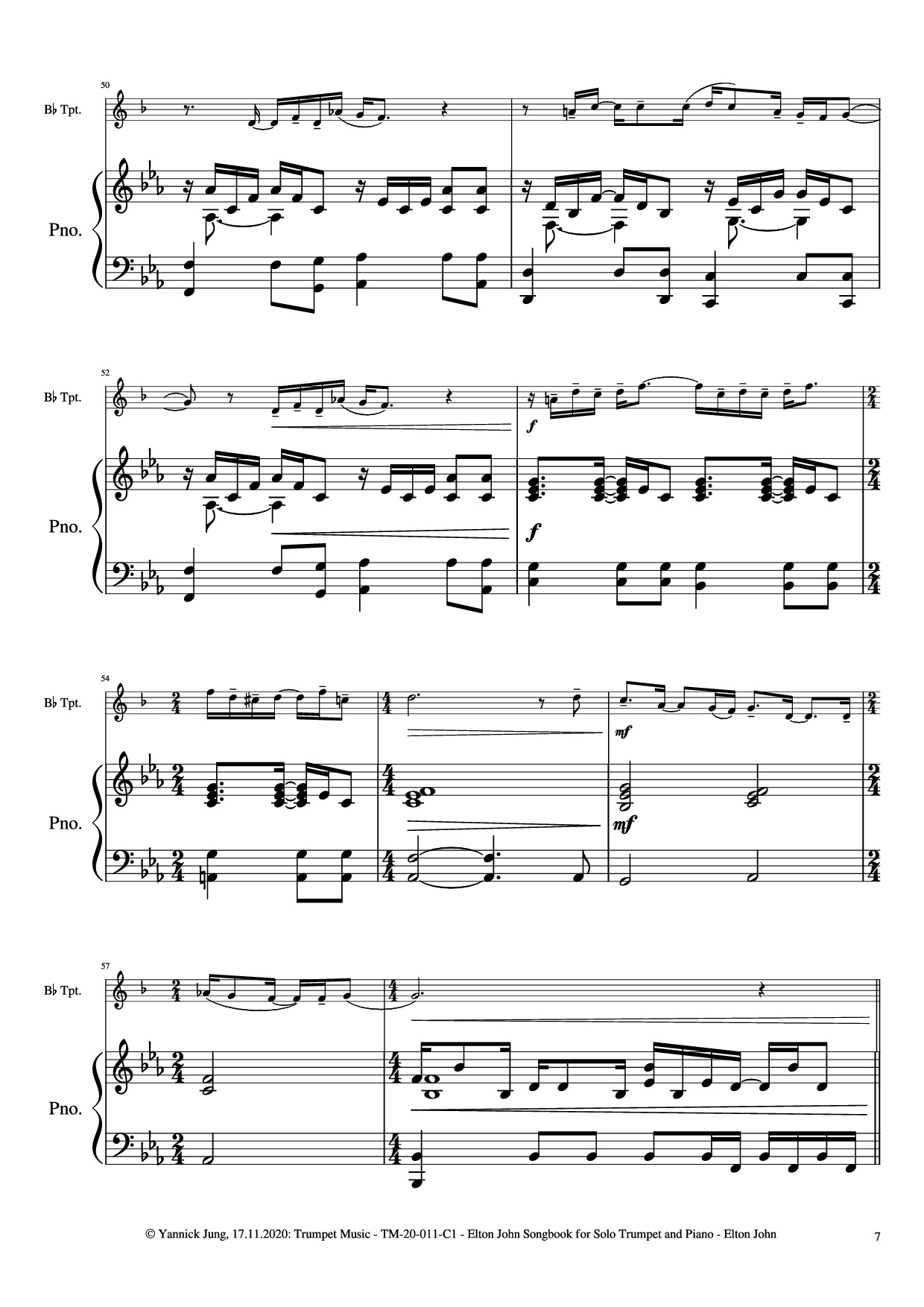Page 8 of the piano sheet music PDF Piano – Elton John Songbook for Solo Trumpet and Piano by Music: Elton JohnArr.: Yannick Jung, 2020