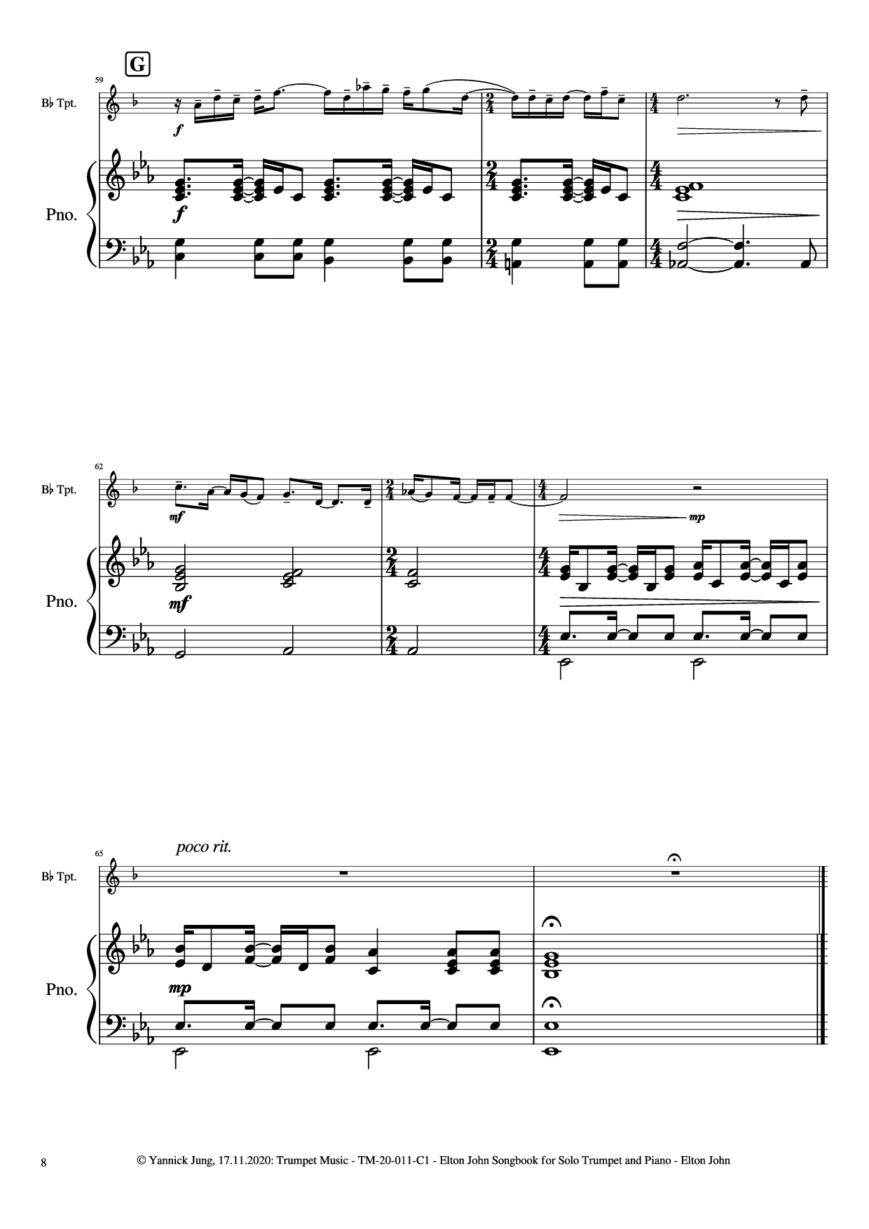 Page 9 of the piano sheet music PDF Piano – Elton John Songbook for Solo Trumpet and Piano by Music: Elton JohnArr.: Yannick Jung, 2020