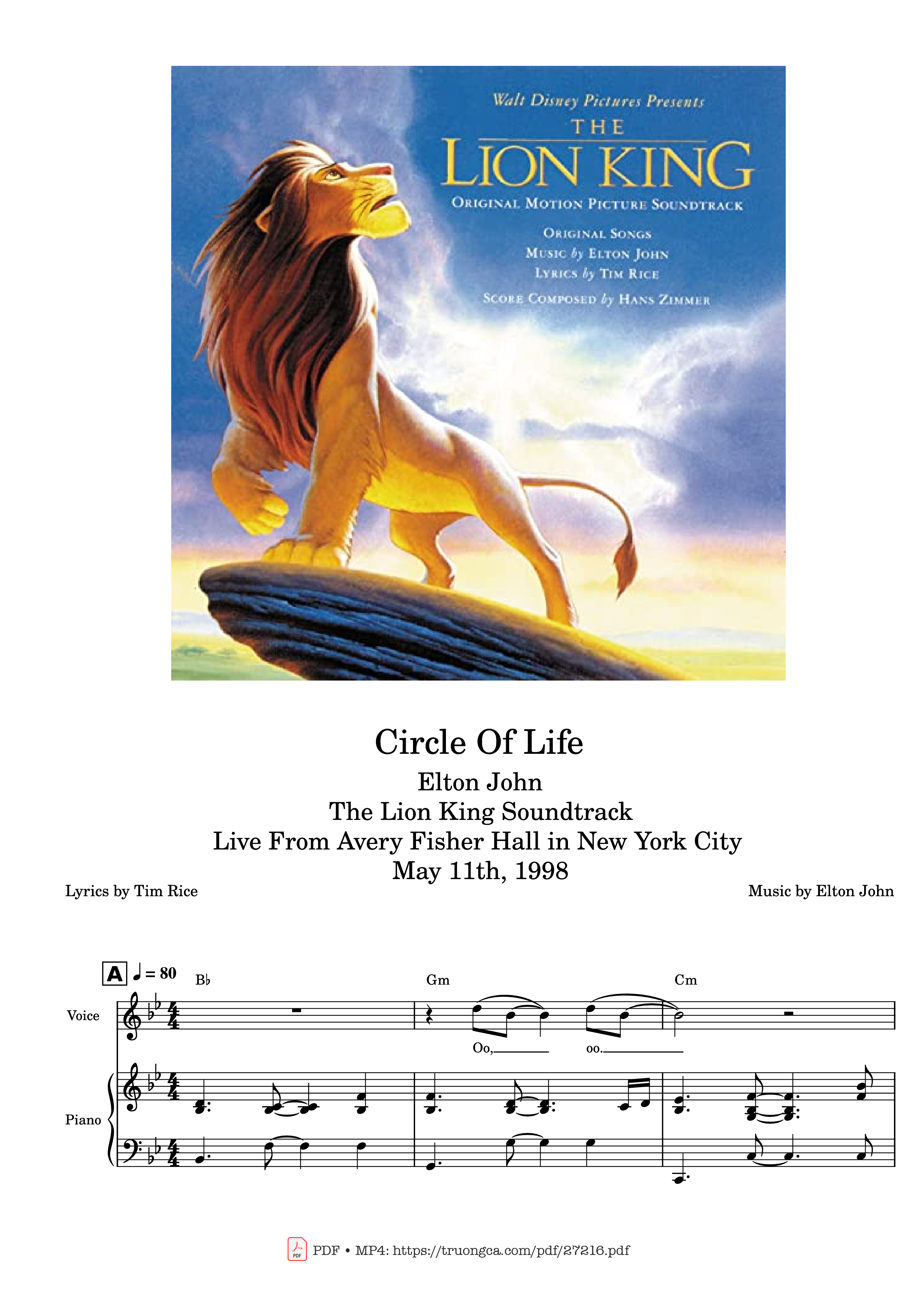 Page 1 of the piano sheet music PDF Piano – Circle of Life Piano & Vocal by Elton John