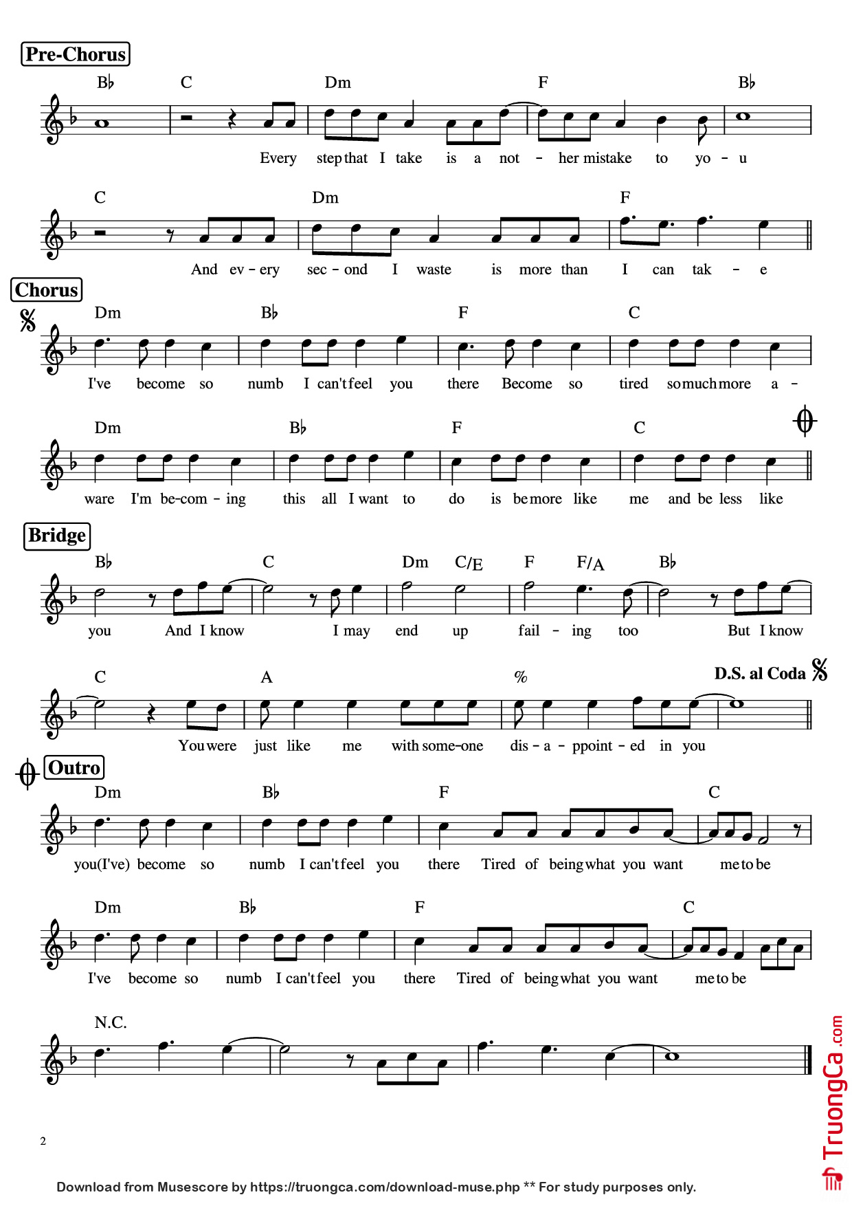 Page 2 of the piano sheet music PDF Piano – Numb Piano by Linkin Park
