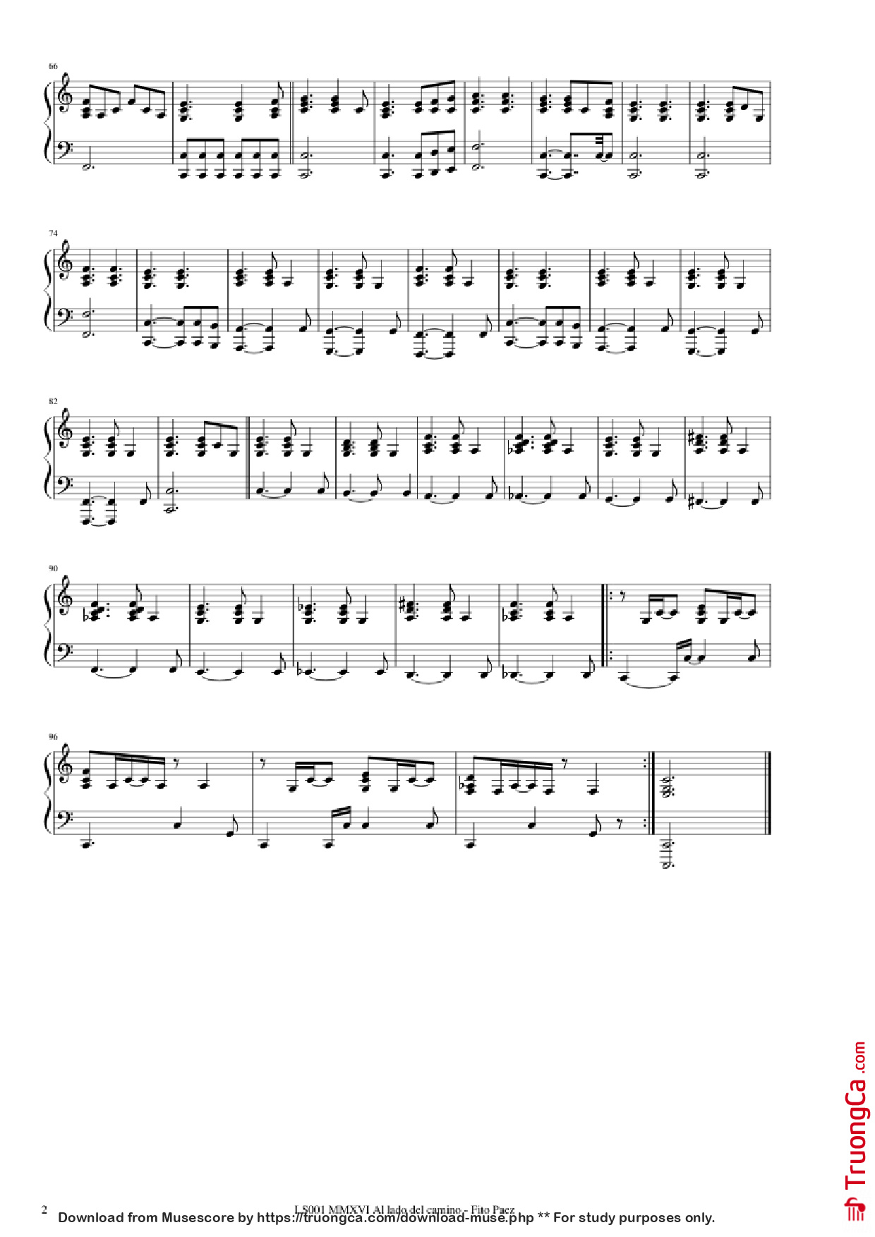 Page 2 of the piano sheet music PDF Piano – Al lado del camino Piano by Fito Paez