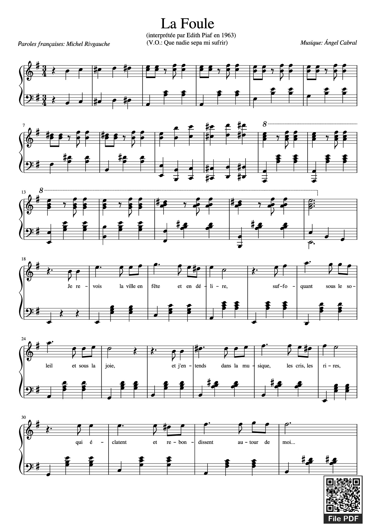 Page 1 of the piano sheet music PDF Piano – La Foule Piano by Musique: Ángel Cabral