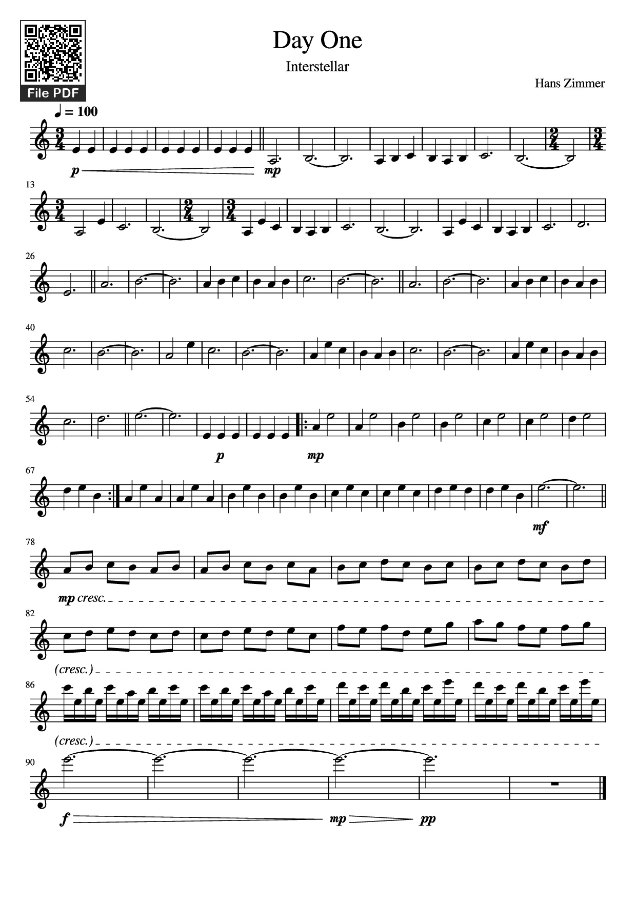 Page 1 of the piano sheet music PDF – Day One Violin by Hans Zimmer