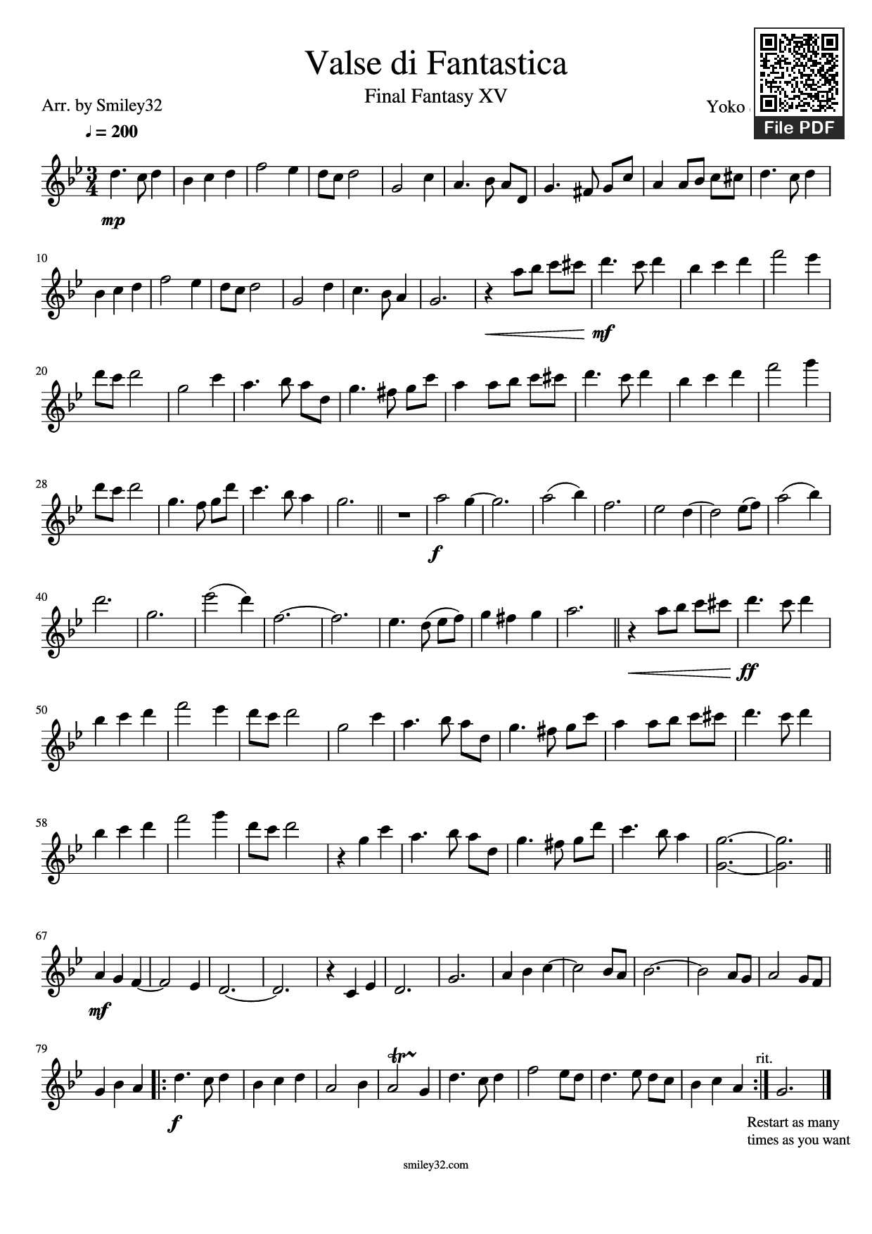 Page 1 of the piano sheet music PDF – Valse di Fantastica Violin by Yoko Shimomura