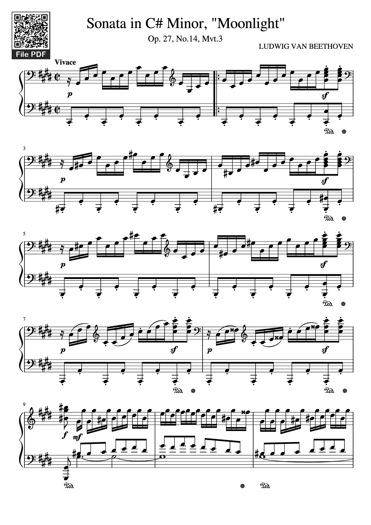 Page 1 of the piano sheet music PDF Piano – Sonata in C# Minor, Moonlight Piano by LUDWIG VAN BEETHOVEN