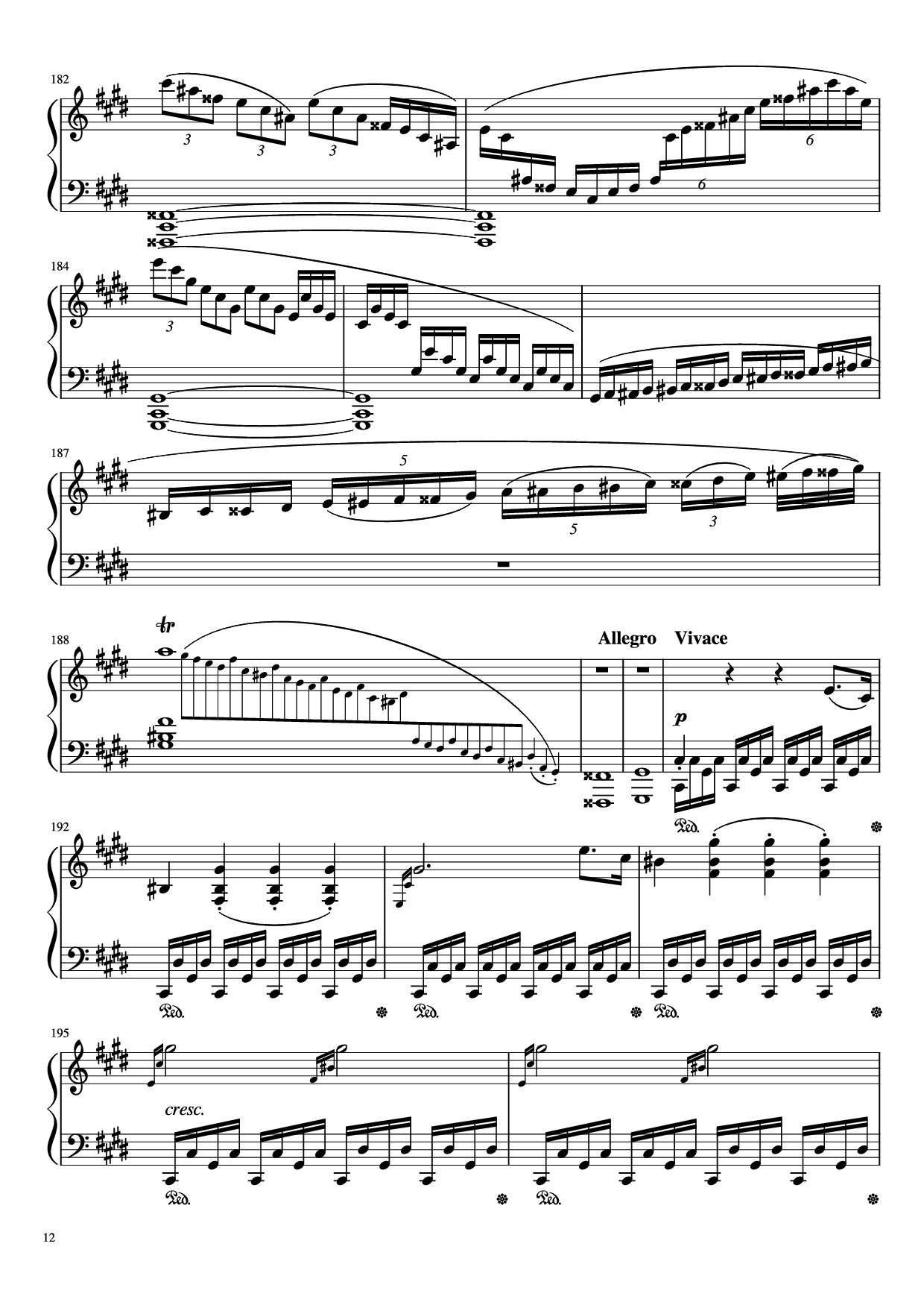 Page 12 of the piano sheet music PDF Piano – Sonata in C# Minor, Moonlight Piano by LUDWIG VAN BEETHOVEN