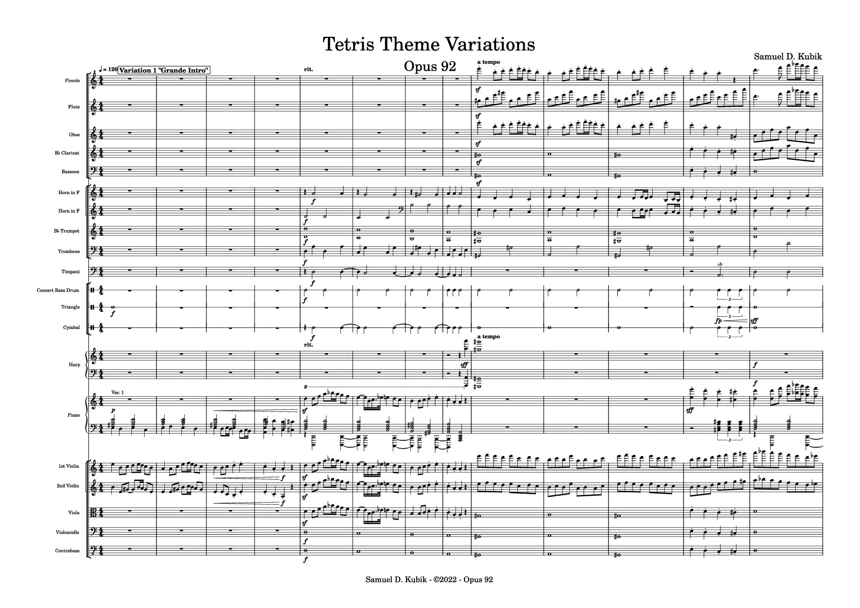 Page 1 of the piano sheet music PDF Piano – Tetris Theme Variations Piano by Samuel D. Kubik
