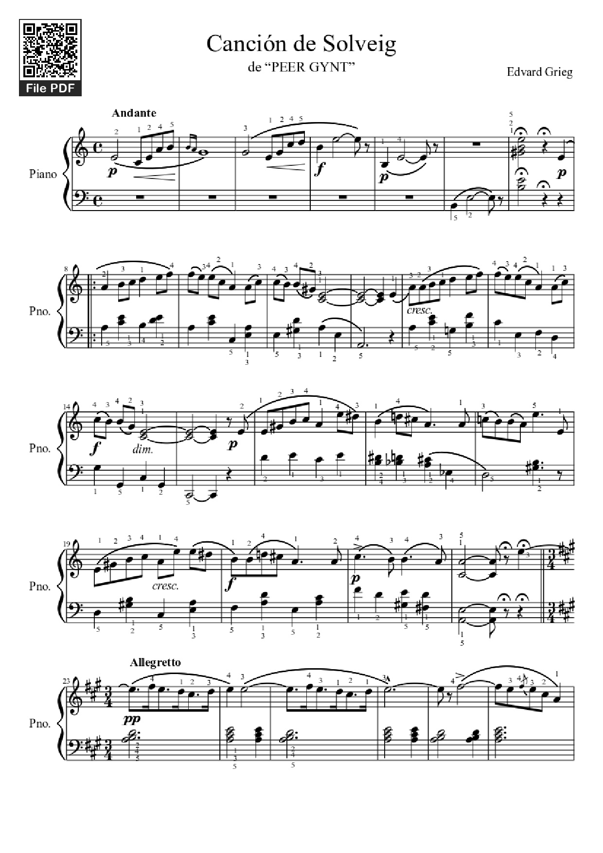 Page 1 of the piano sheet music PDF Piano – Canción de Solveig Piano by Edvard Grieg