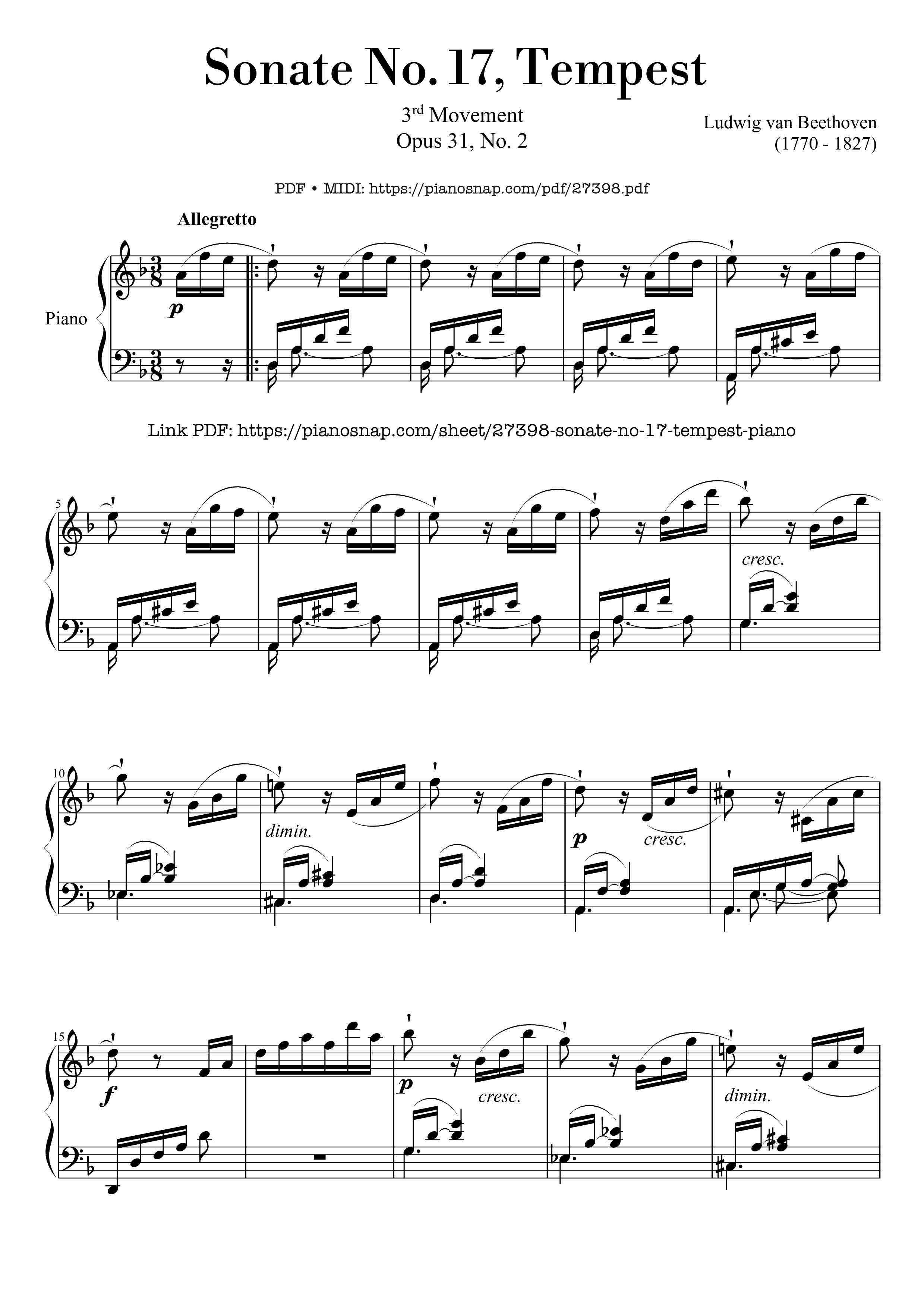 Page 1 of the piano sheet music PDF Piano – Sonate No. 17, Tempest (3rd Movement) by Beethoven