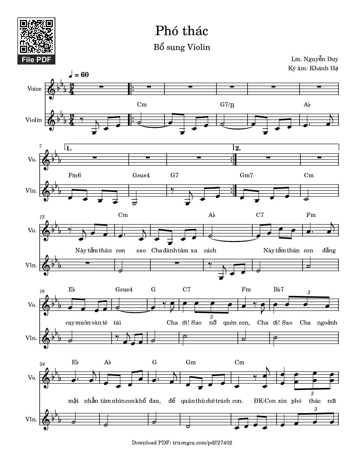Page 1 of the piano sheet music PDF – Phó Thác (Thêm bè Violin) by Nguyễn Duy