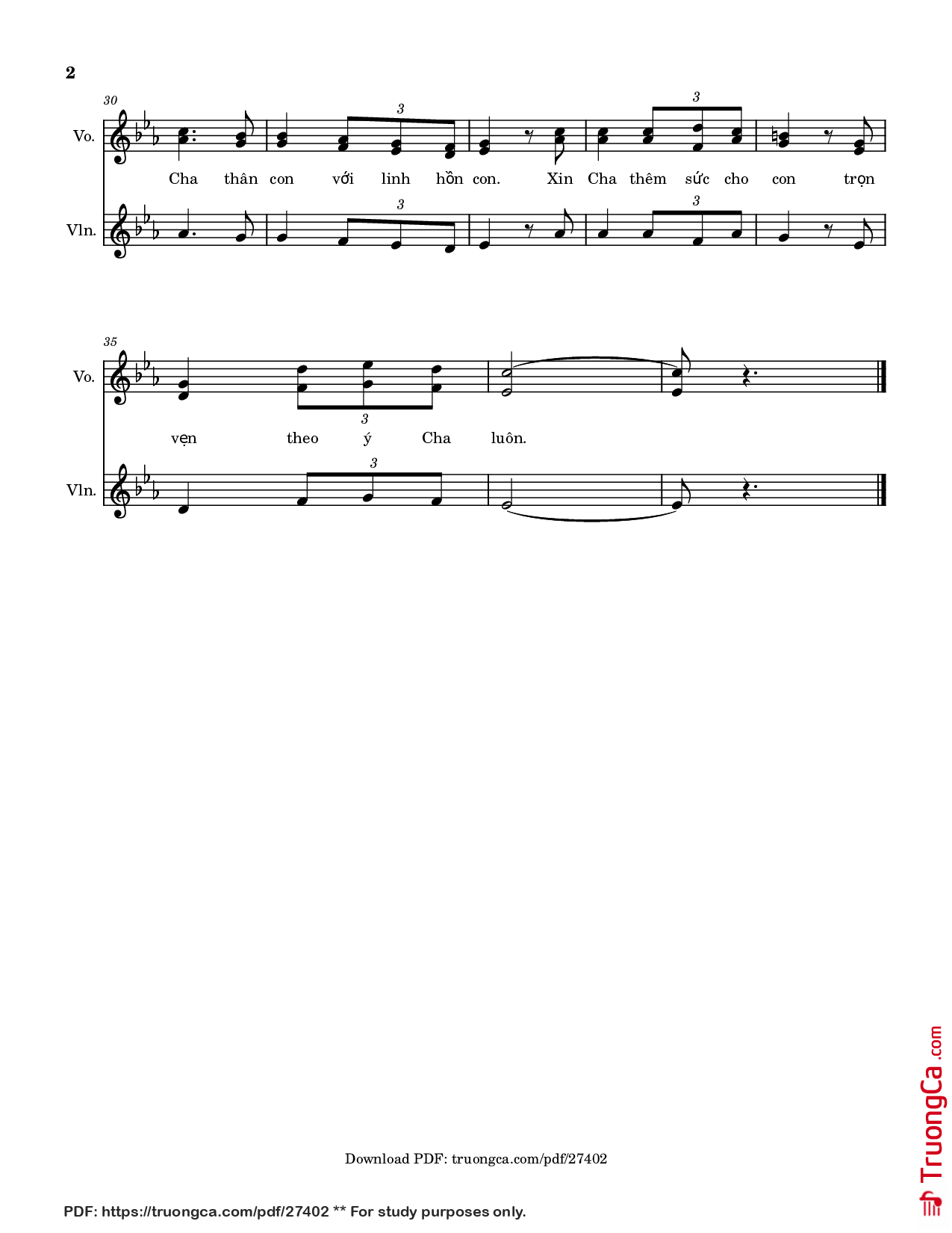 Page 2 of the piano sheet music PDF – Phó Thác (Thêm bè Violin) by Nguyễn Duy