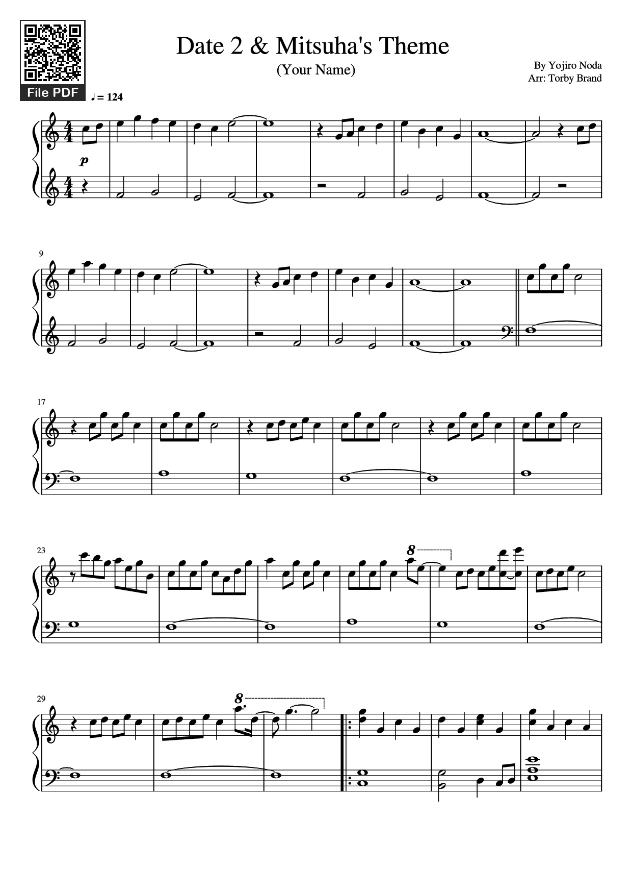 Page 1 of the piano sheet music PDF Piano – Date 2 & Mitsuha