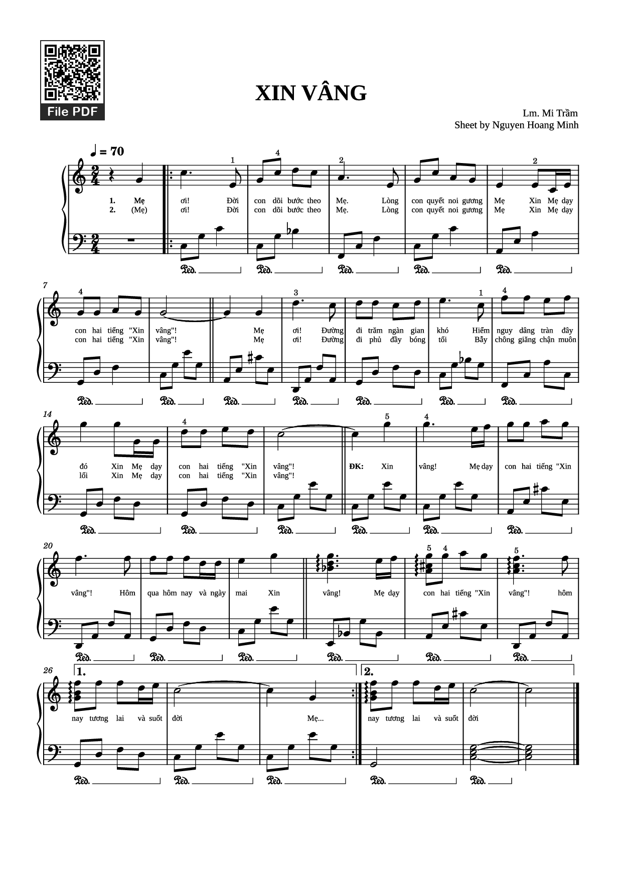 Page 1 of the piano sheet music PDF Piano – XIN VÂNG Piano by Lm. Mi Trầm