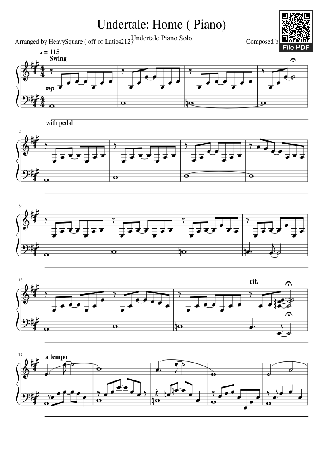Page 1 of the piano sheet music PDF Piano – Undertale: Home ( Piano) by Composed by Toby Fox