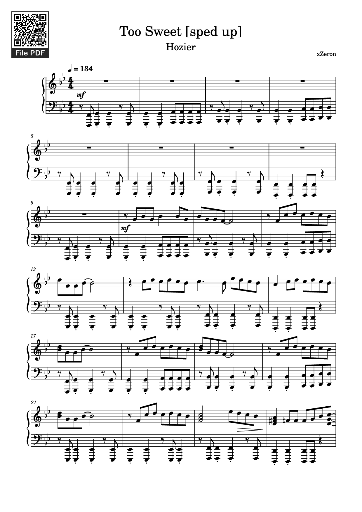 Page 1 of the piano sheet music PDF Piano – Too Sweet [sped up] Piano by XZeron