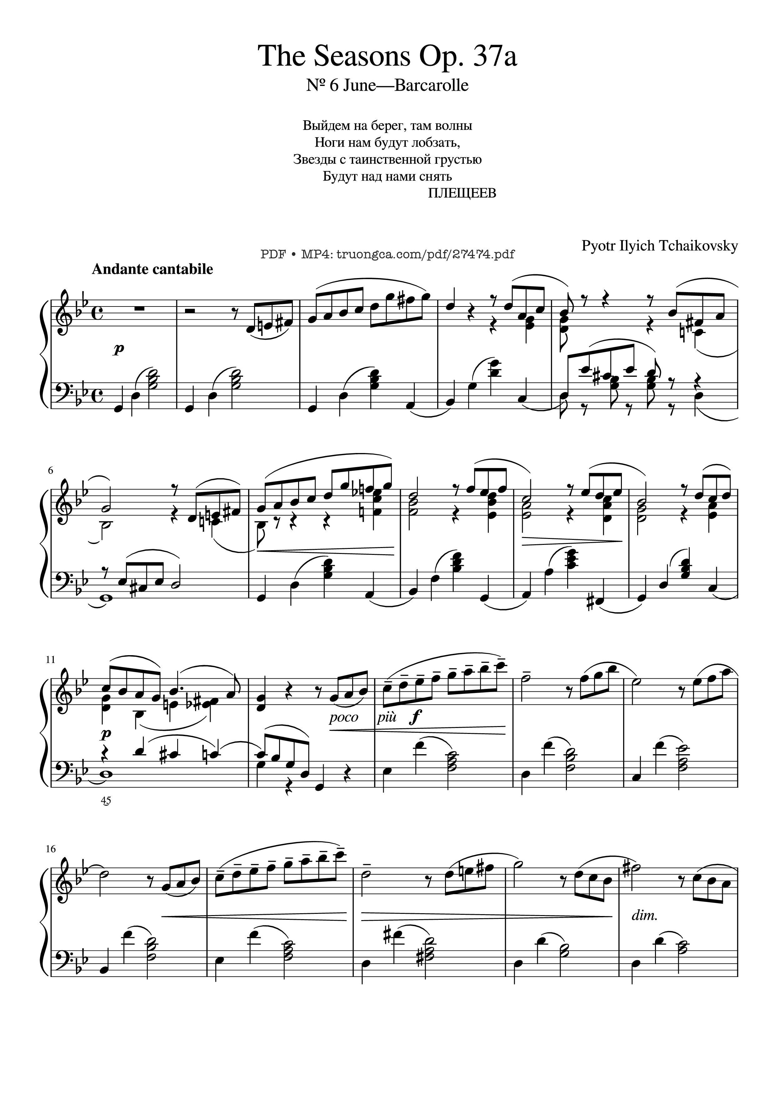 Page 1 of the piano sheet music PDF Piano – The Seasons, Op. 37a, June, Barcarolle, Tchaikovsky by Pyotr Ilyich Tchaikovsky
