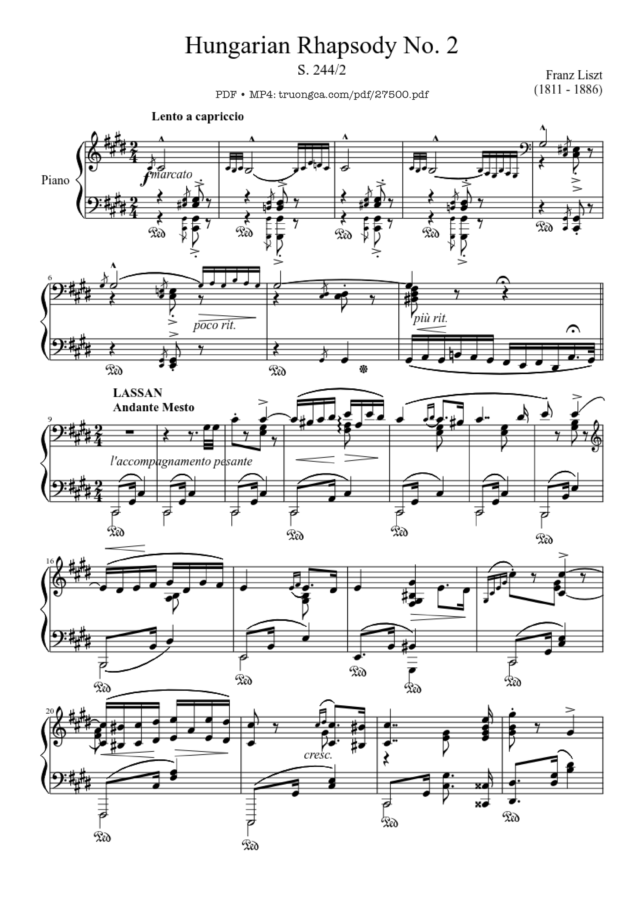 Page 1 of the piano sheet music PDF Piano – Hungarian Rhapsody No. 2 by Franz Liszt