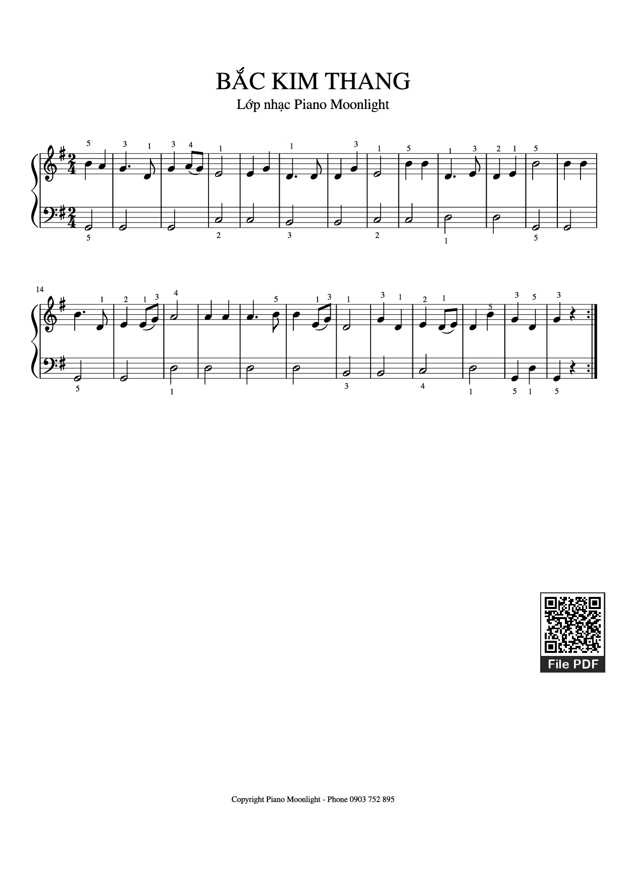 Page 1 of the piano sheet music PDF Piano – Bắc kim thang Piano (đơn giản) by Dân ca